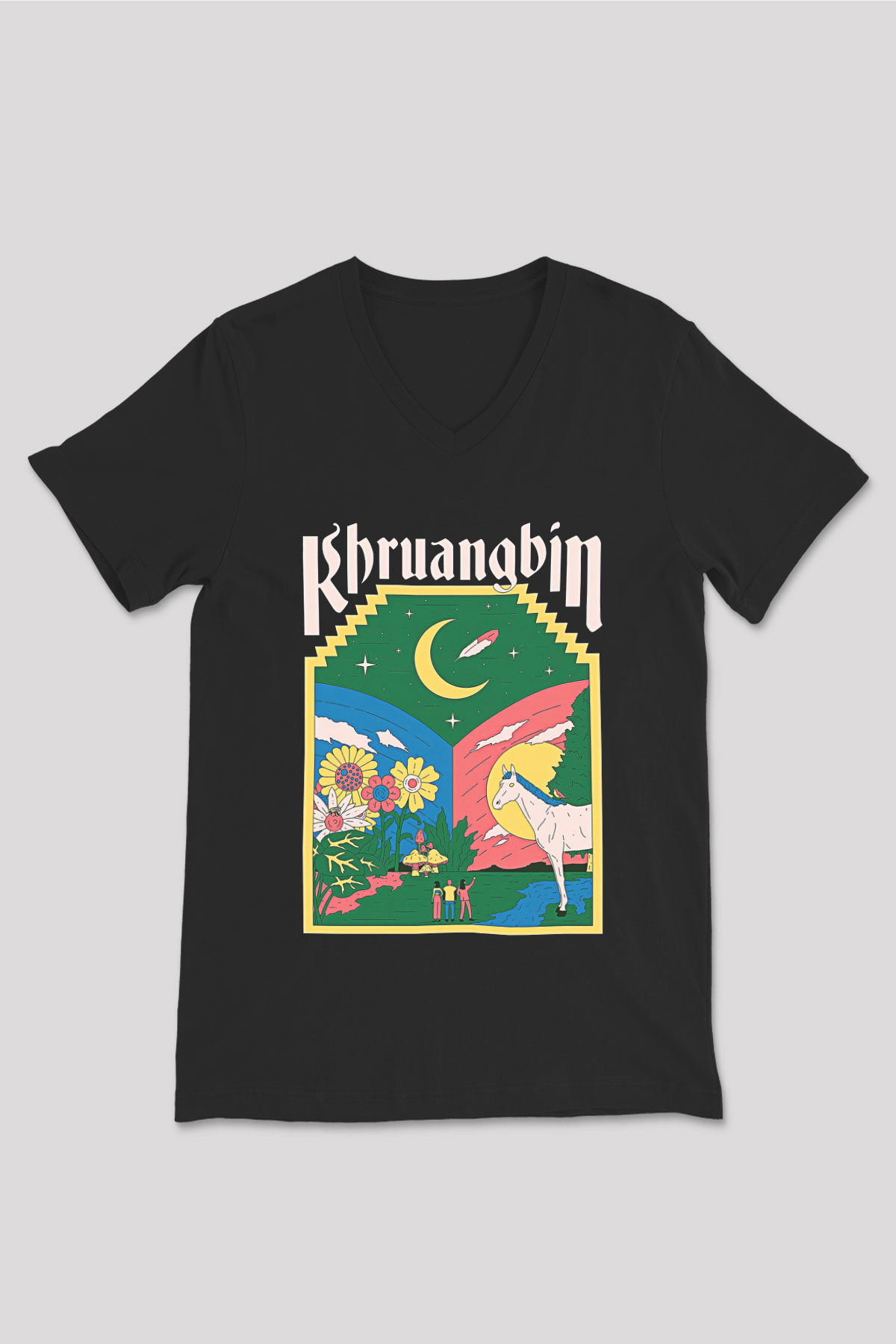 Khruanybin Baskılı Unisex Siyah V Yaka Tişört - Tshirt