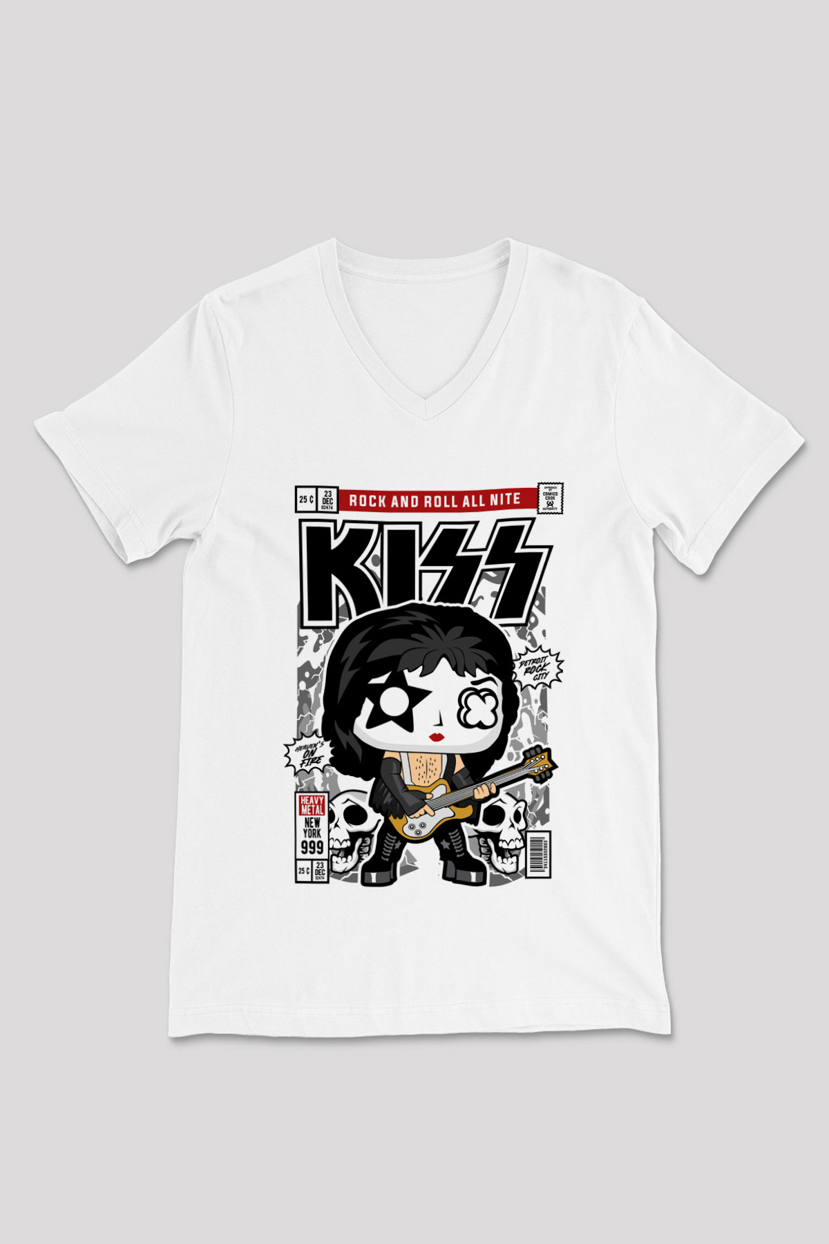 Kiss Baskılı Unisex Beyaz V Yaka Tişört