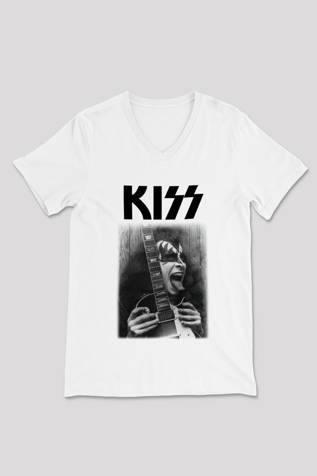 Kiss Beyaz Unisex V Yaka Tişört T-Shirt