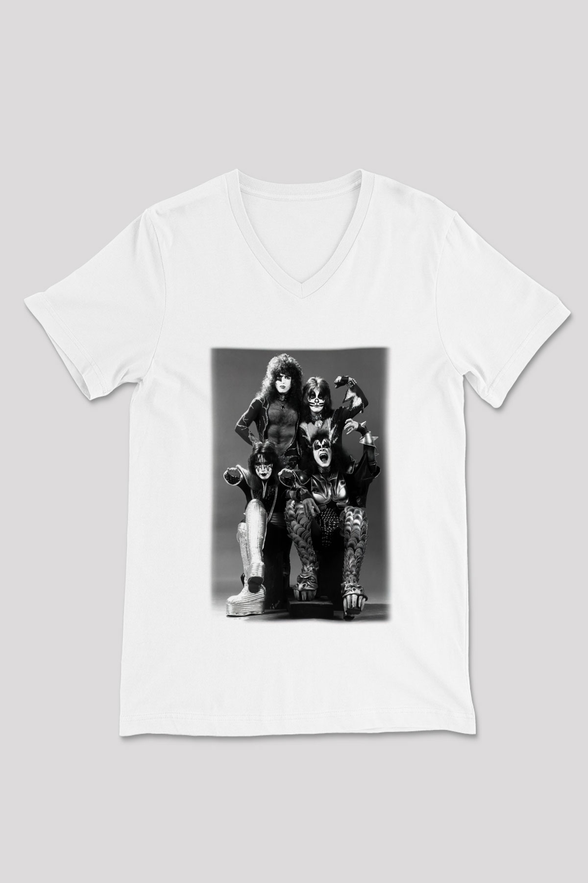 Kiss Beyaz Unisex V Yaka Tişört T-Shirt
