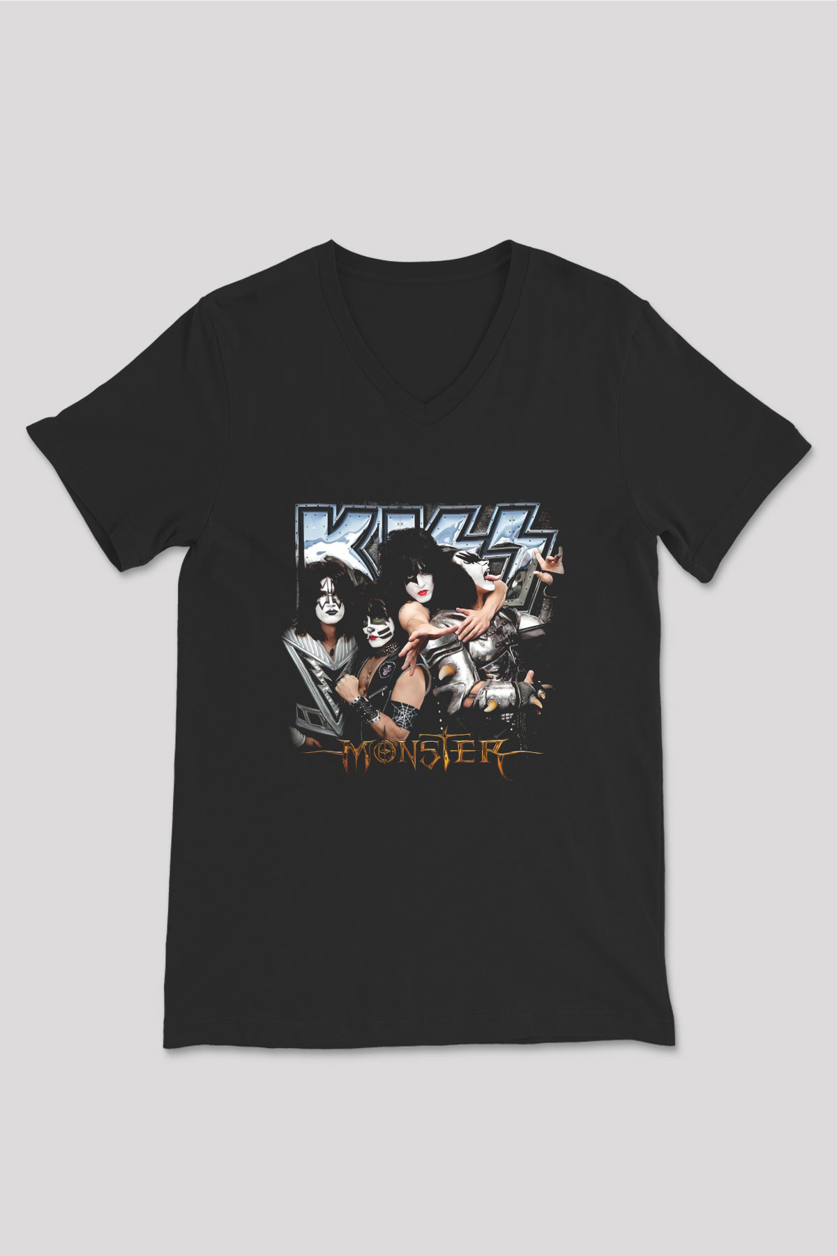 Kiss Siyah Unisex V Yaka Tişört T-Shirt