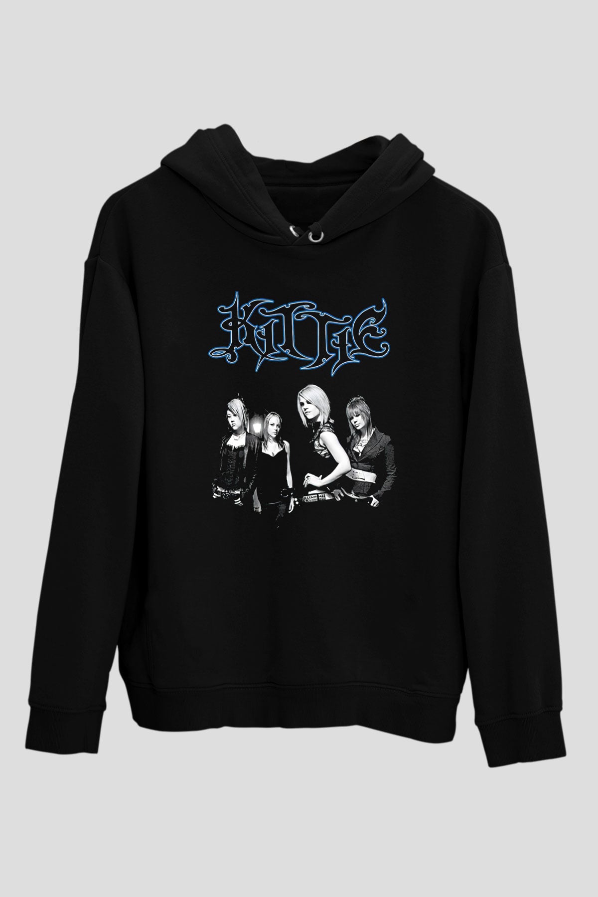 Kittie Baskılı Unisex Siyah Kapüşonlu Sweatshirt