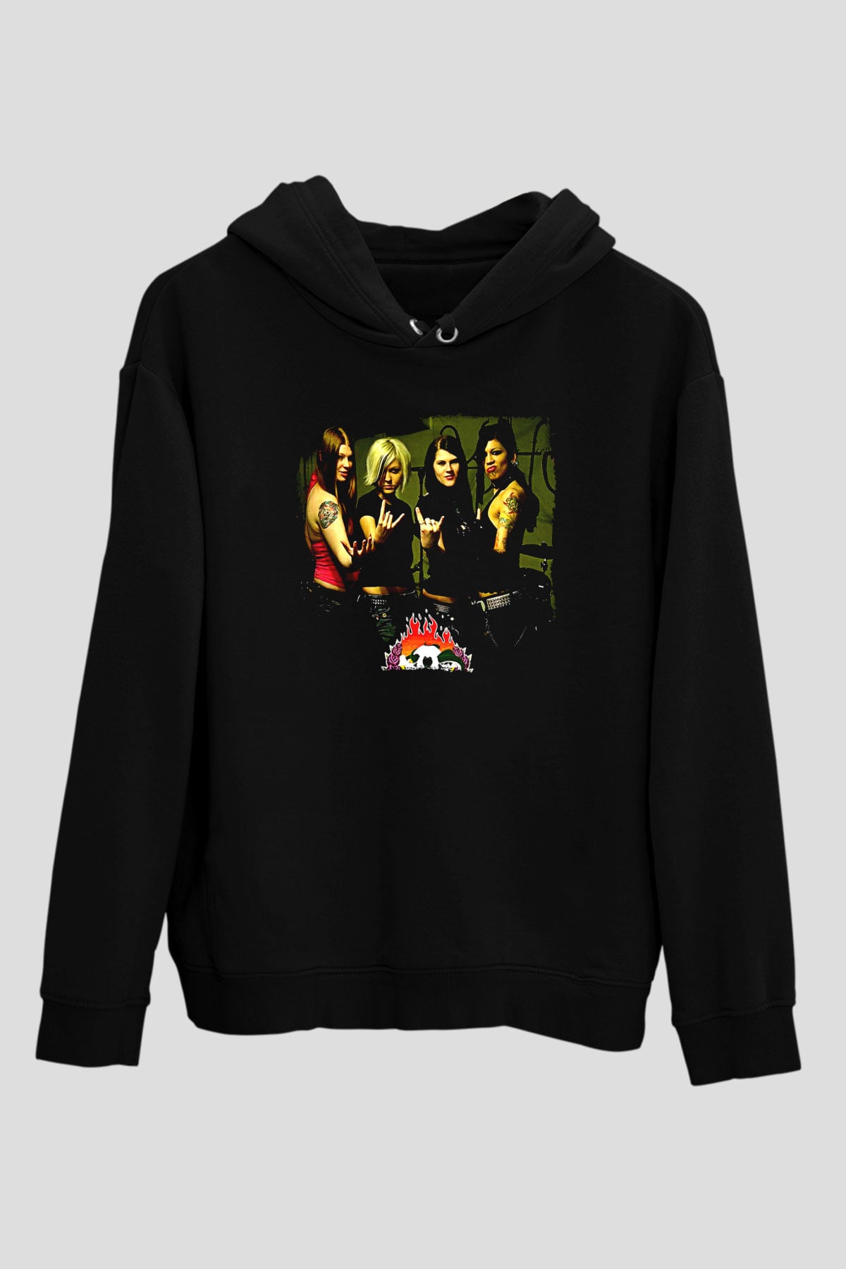 Kittie Baskılı Unisex Siyah Kapüşonlu Sweatshirt