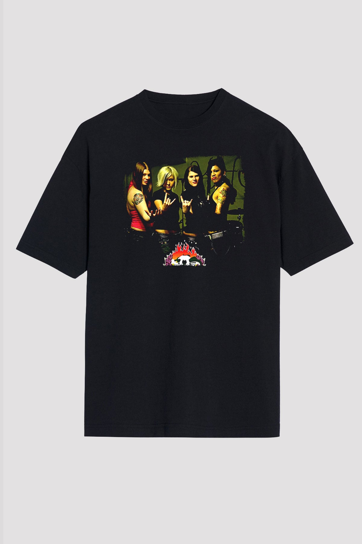 Kittie Baskılı Unisex Siyah Oversize Tişört - Tshirt
