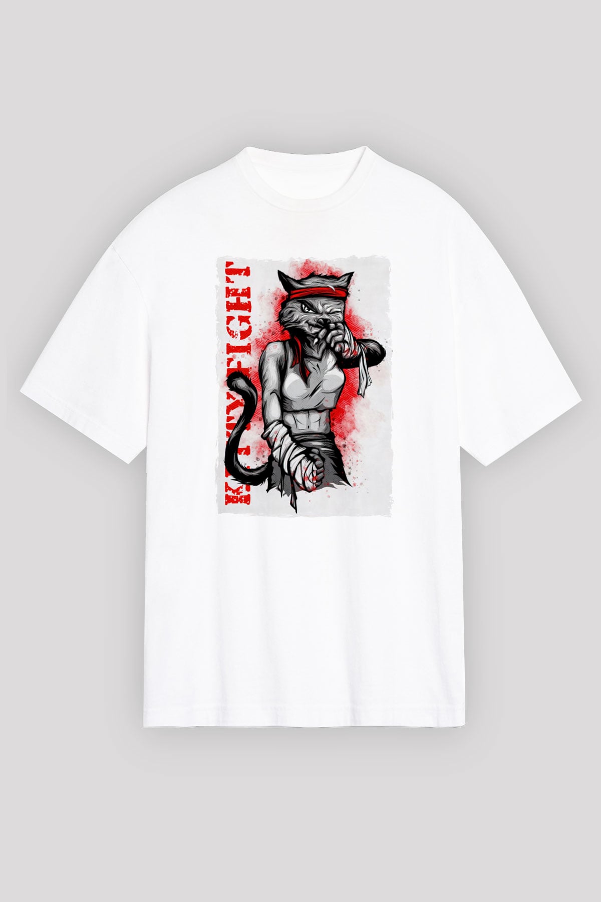 Kitty Fight Baskılı Unisex Beyaz Tişört