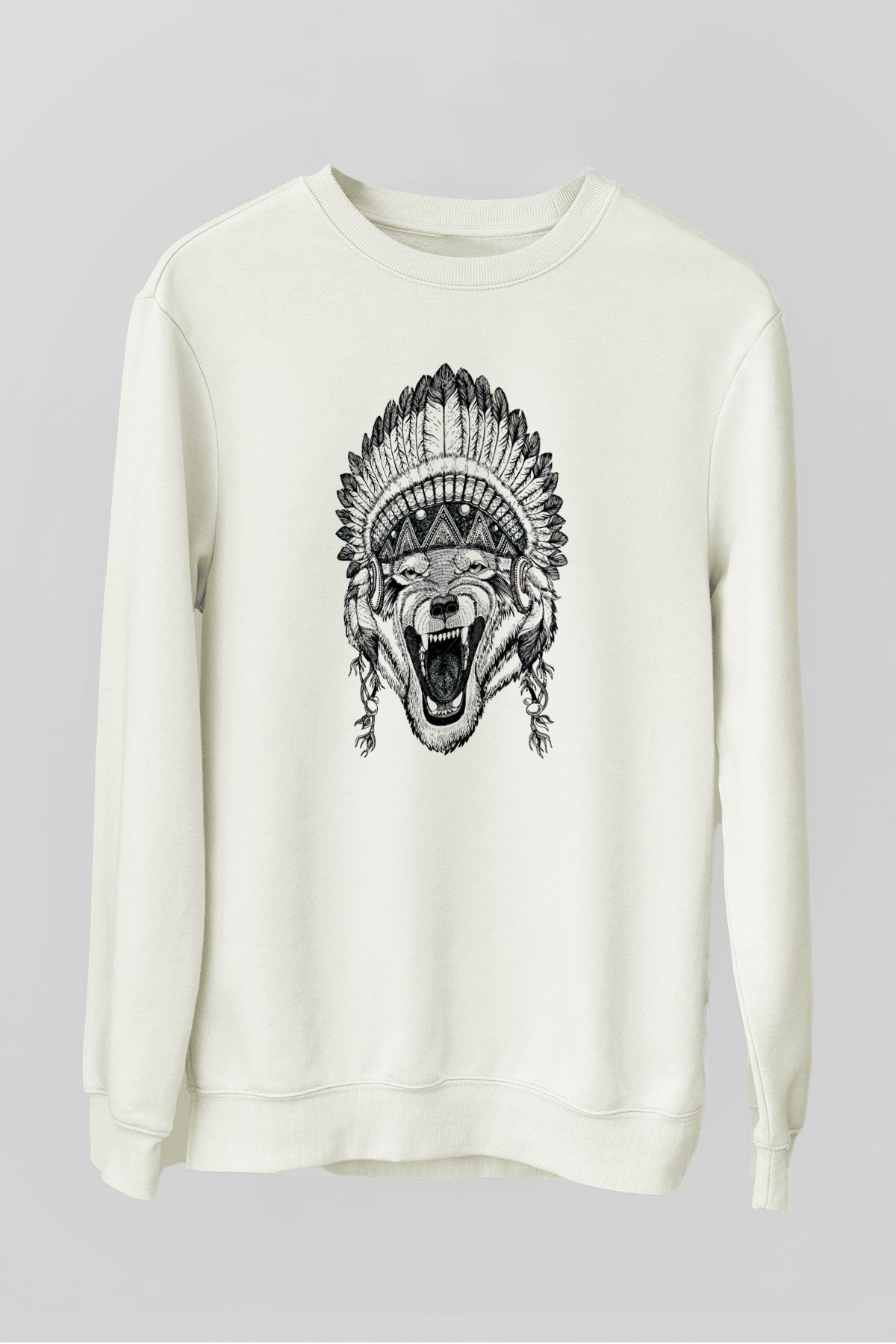 Kızılderili Kurt Baskılı Unisex Beyaz  Sweatshirt