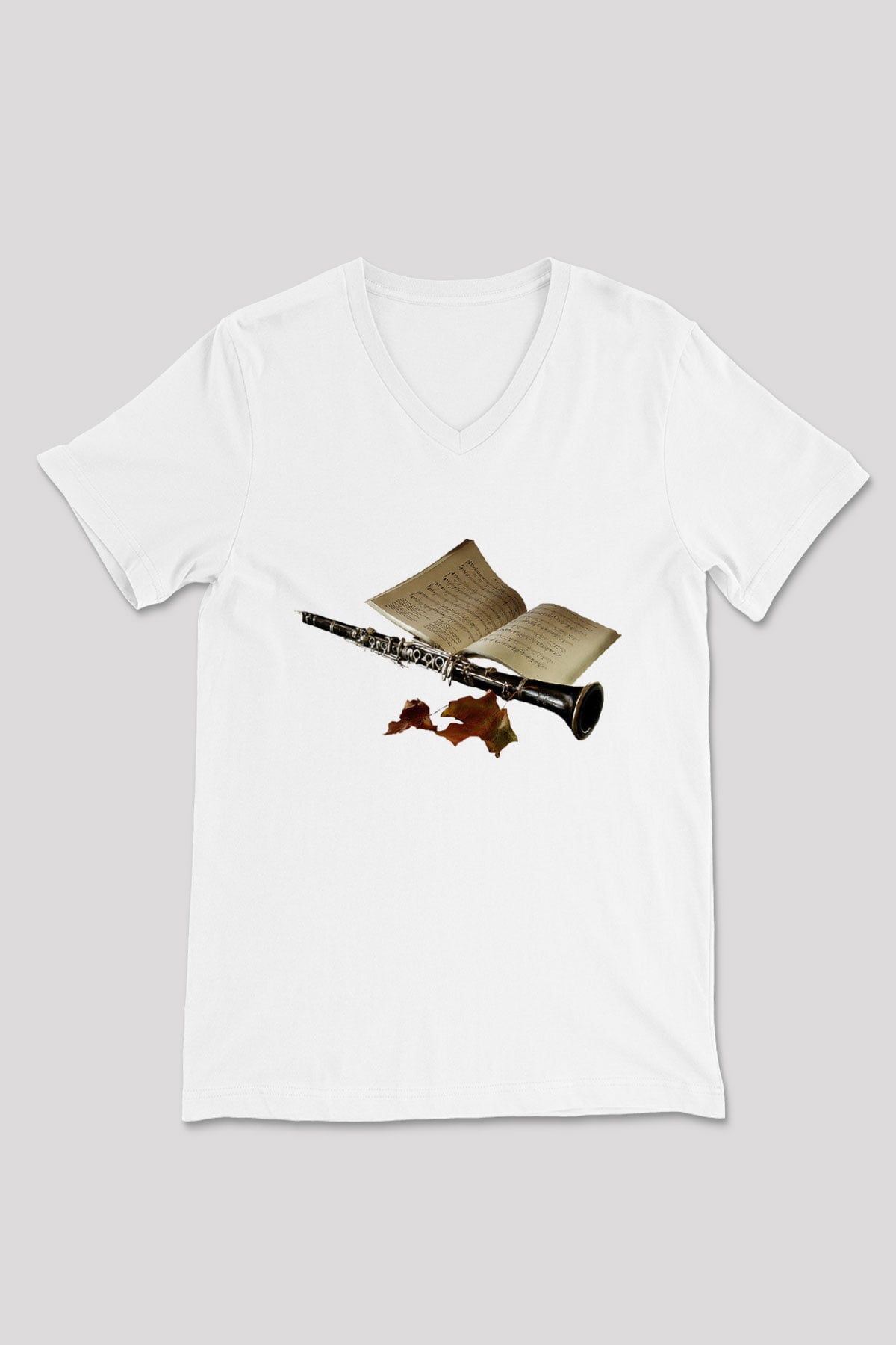 Klarnetçi Beyaz Unisex V Yaka Tişört T-Shirt