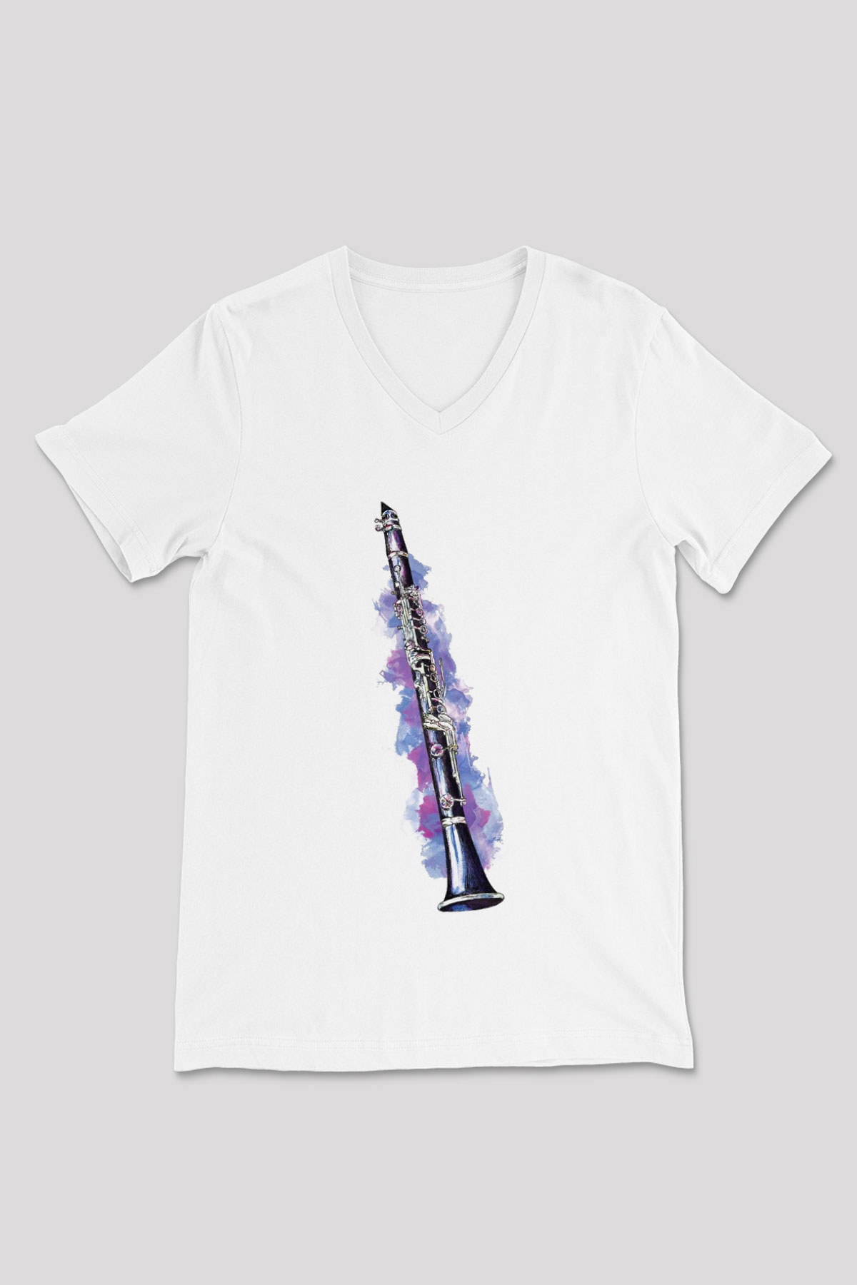 Klarnetçi Beyaz Unisex V Yaka Tişört T-Shirt