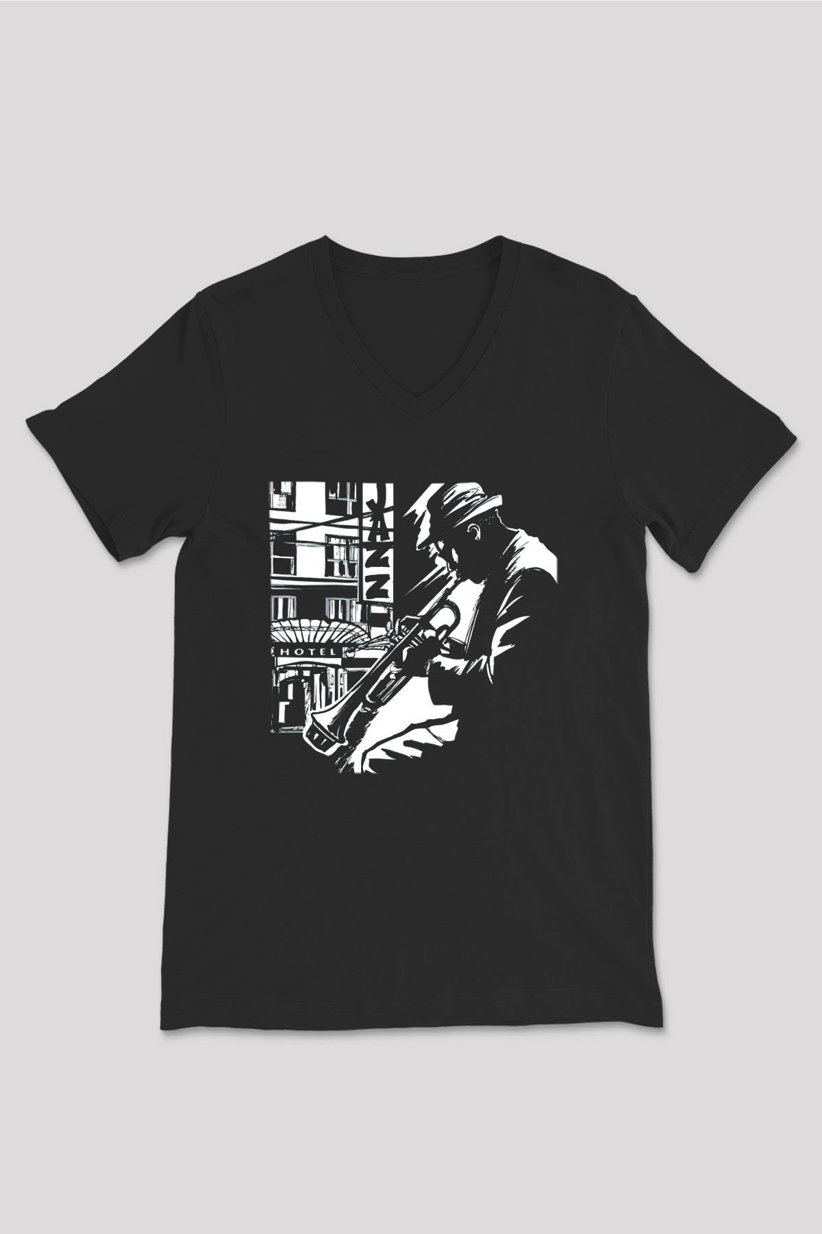 Klarnetçi Siyah Unisex V Yaka Tişört T-Shirt
