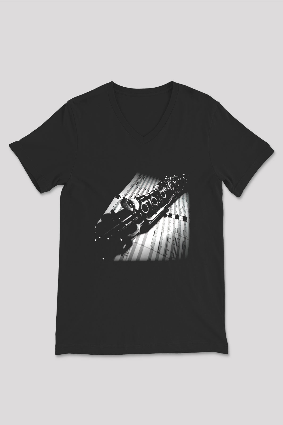Klarnetçi Siyah Unisex V Yaka Tişört T-Shirt