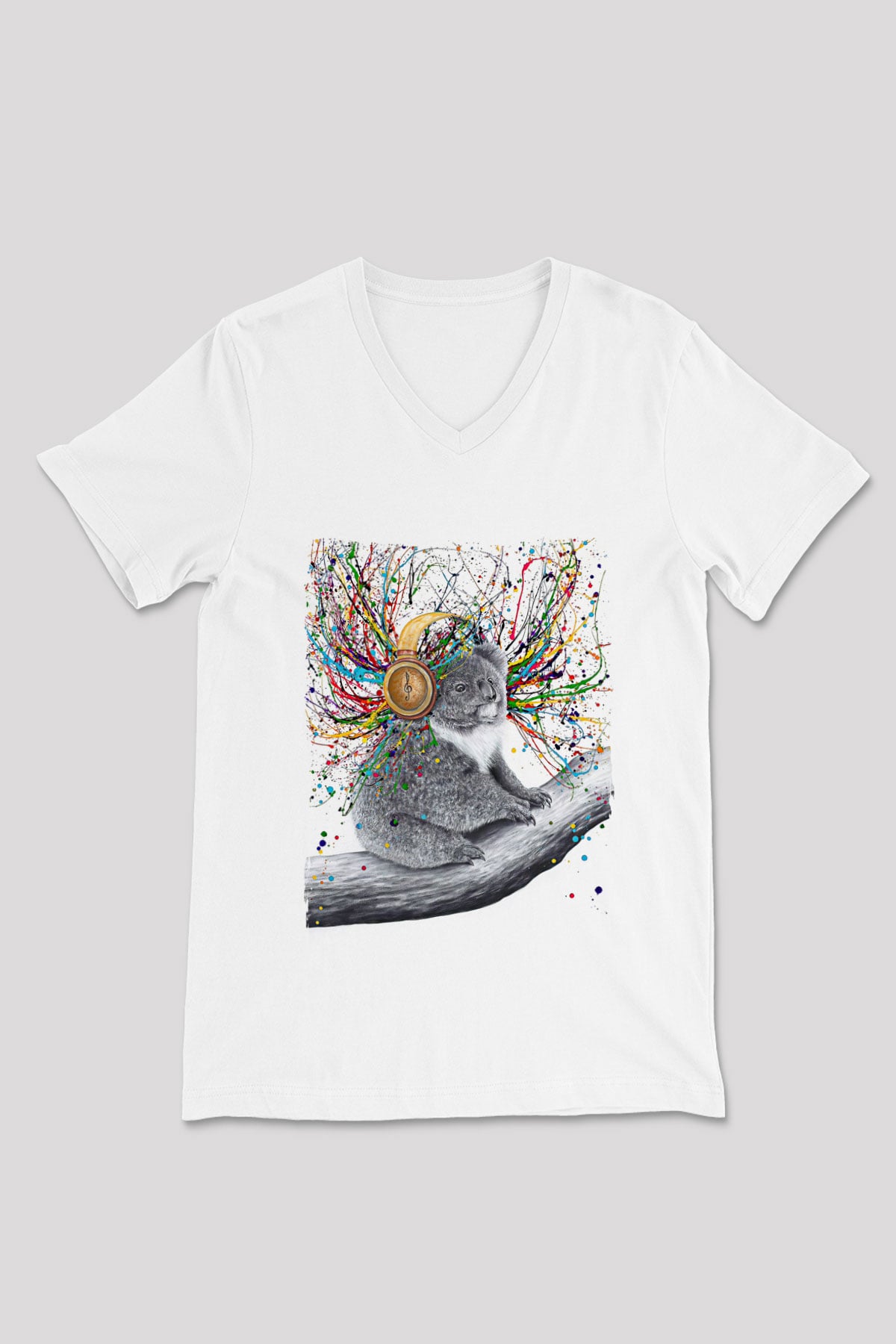 Koala Baskılı Beyaz Unisex V Yaka Tişört - Tshirt