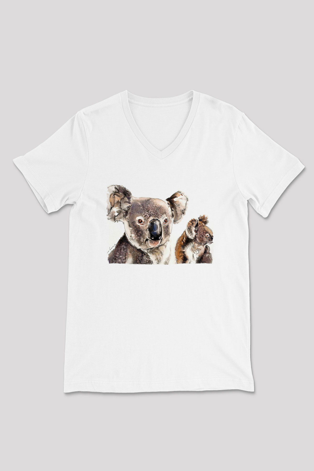 Koala Baskılı Beyaz Unisex V Yaka Tişört - Tshirt