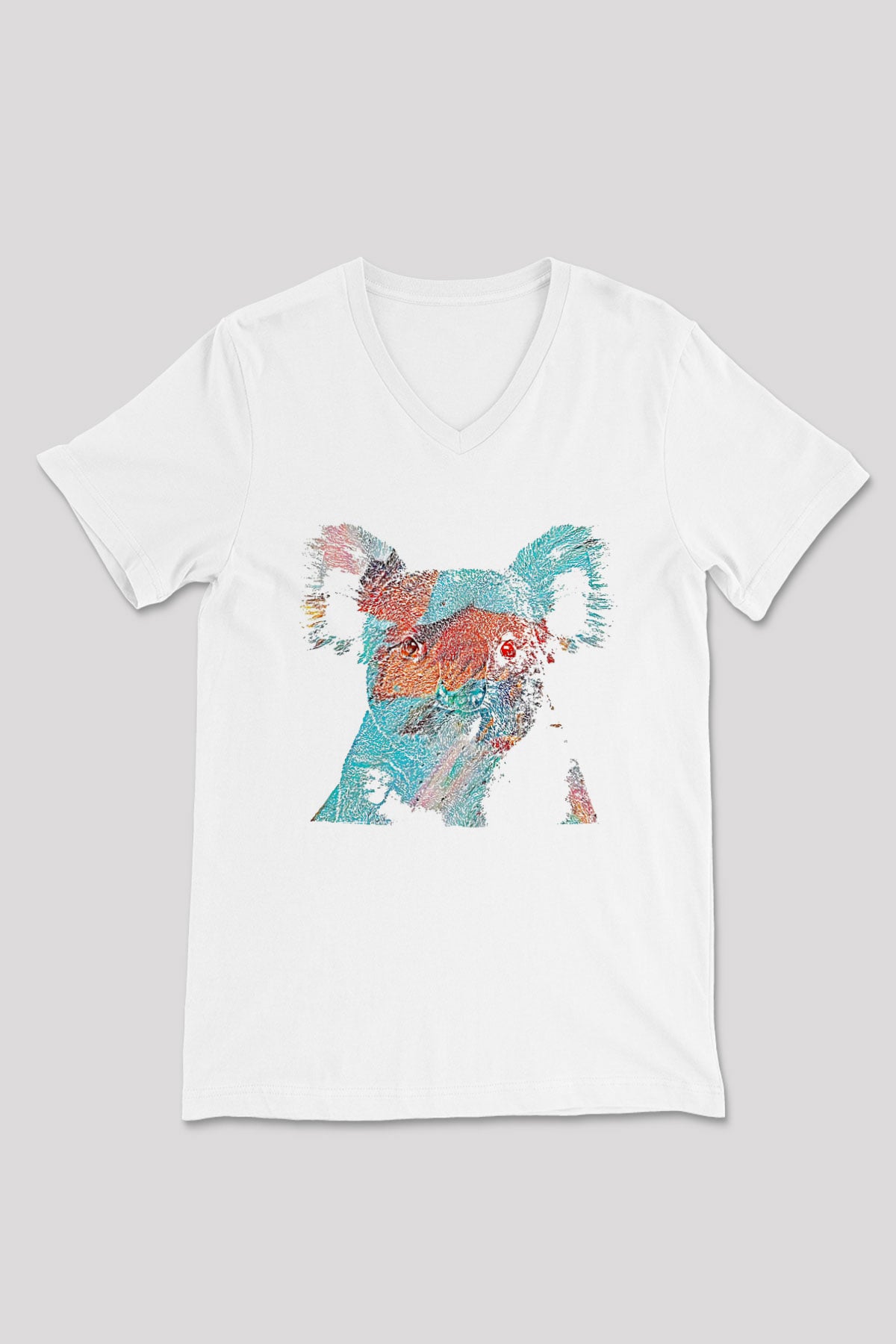 Koala Baskılı Beyaz Unisex V Yaka Tişört - Tshirt