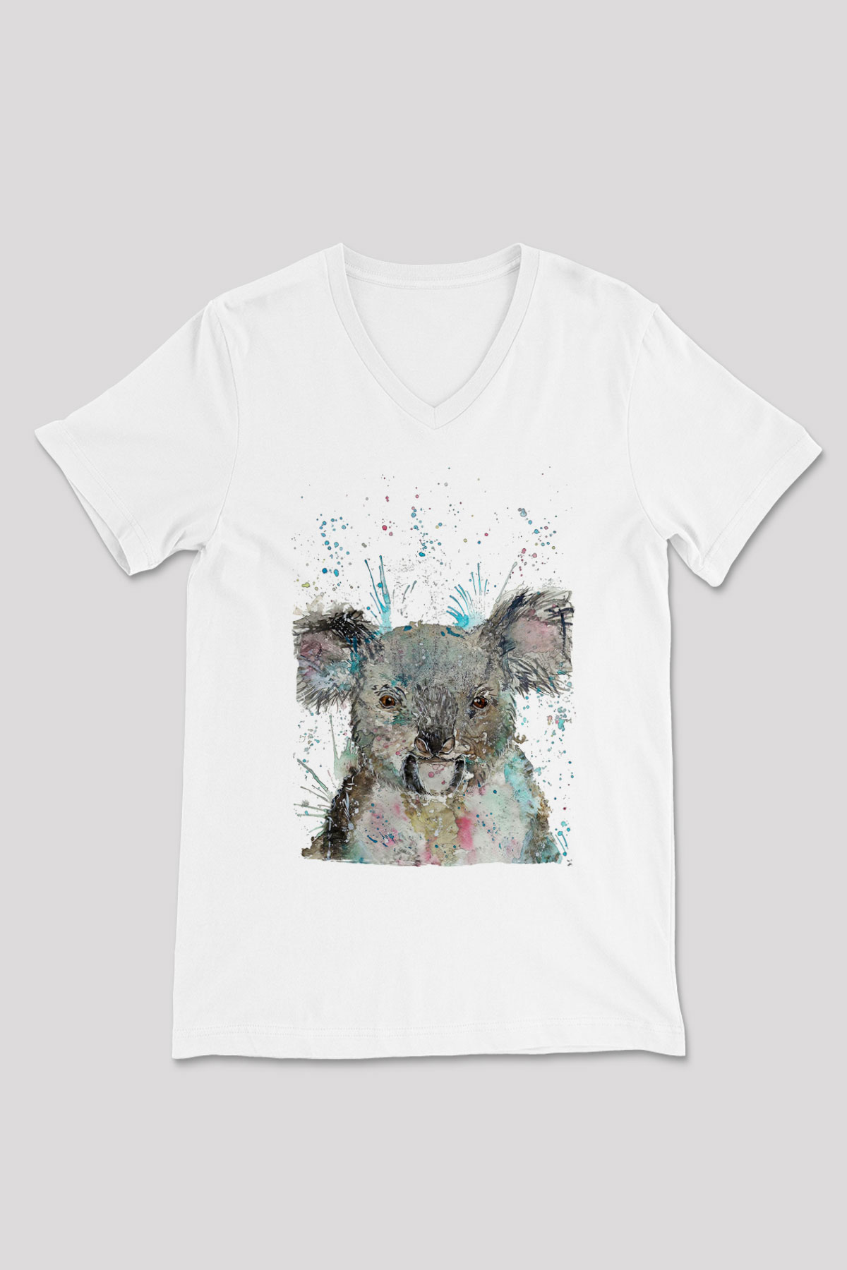 Koala Baskılı Beyaz Unisex V Yaka Tişört - Tshirt
