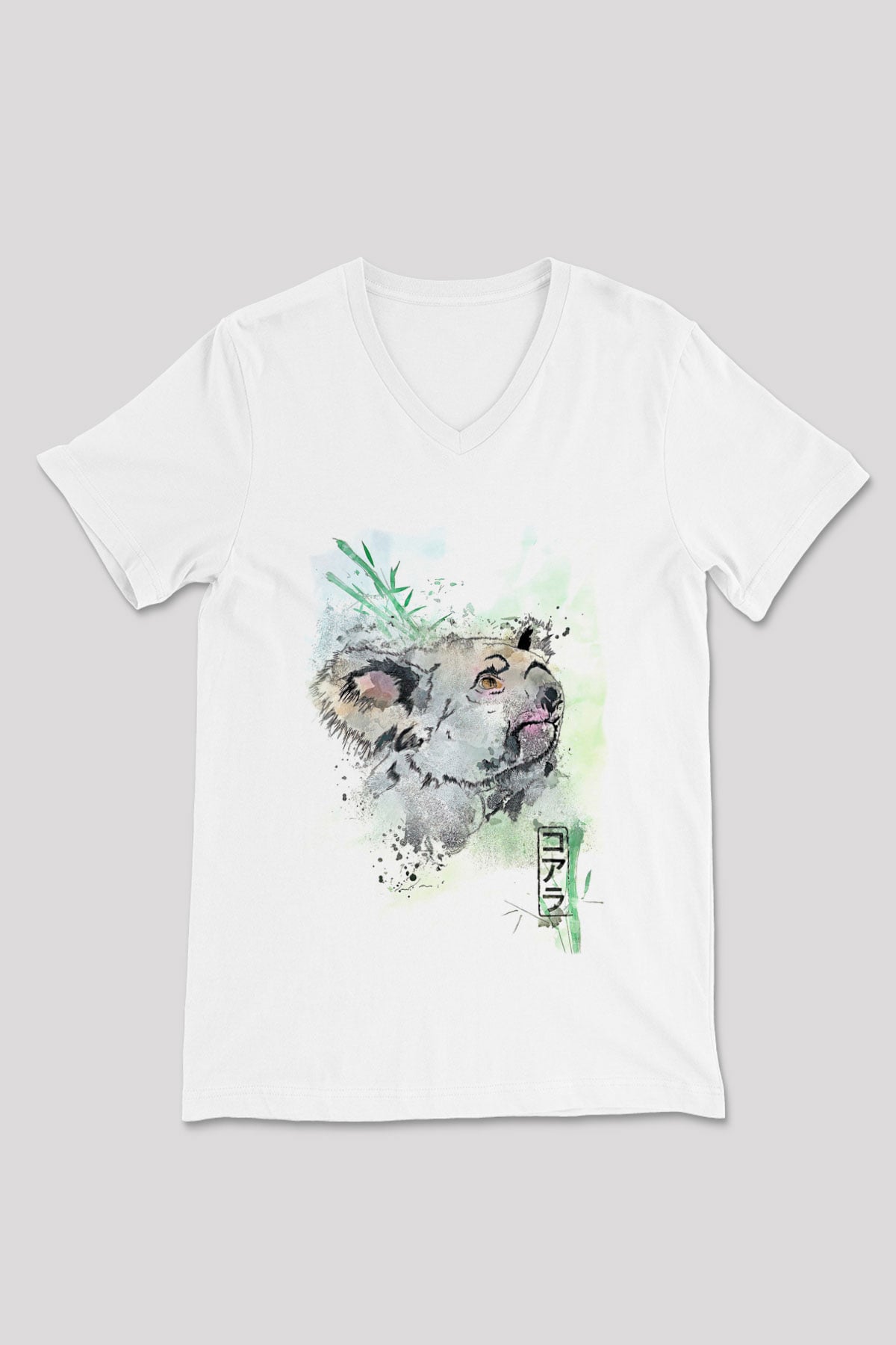 Koala Baskılı Beyaz Unisex V Yaka Tişört - Tshirt