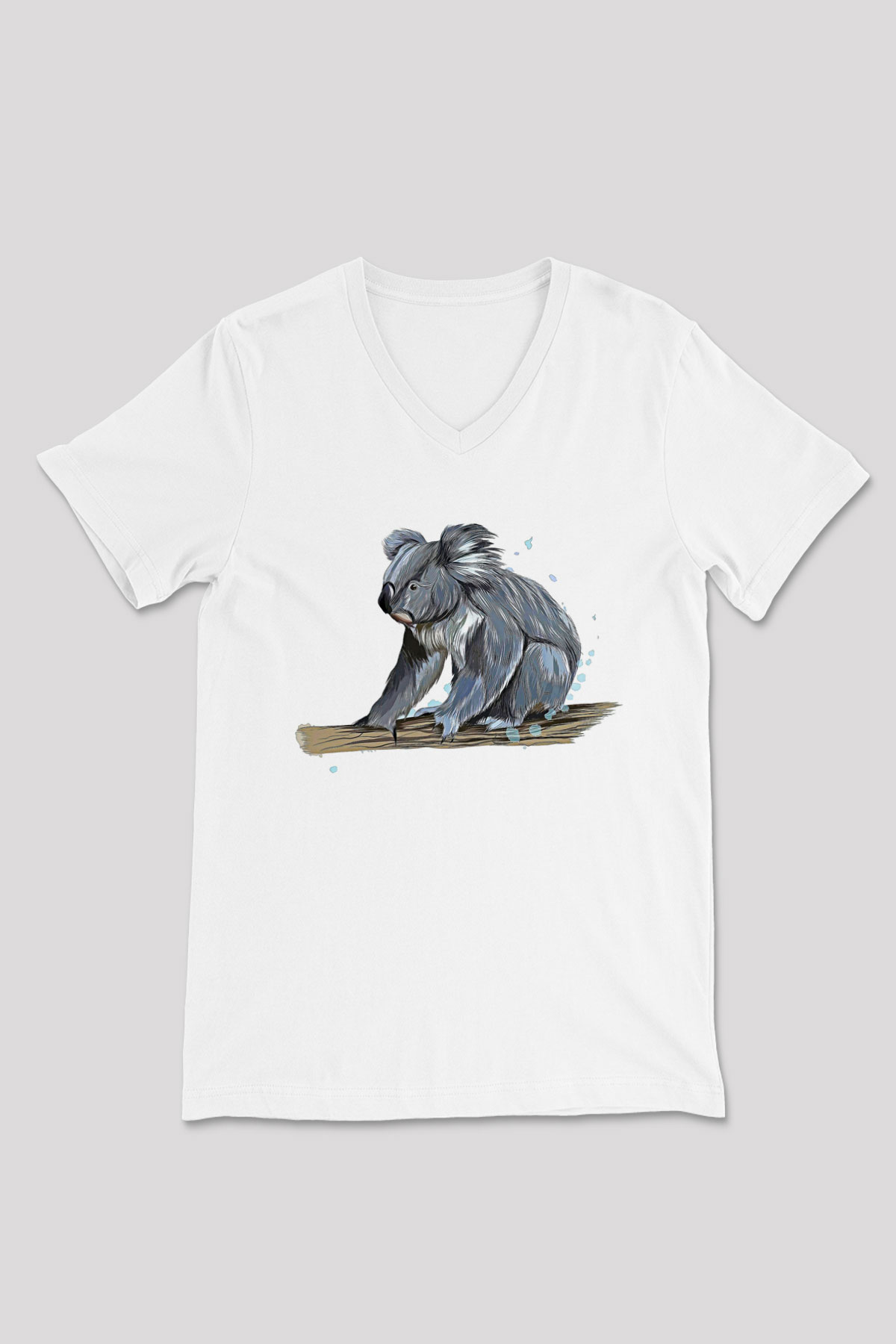 Koala Baskılı Beyaz Unisex V Yaka Tişört - Tshirt