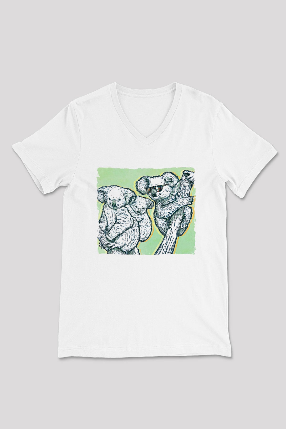 Koala Baskılı Beyaz Unisex V Yaka Tişört - Tshirt