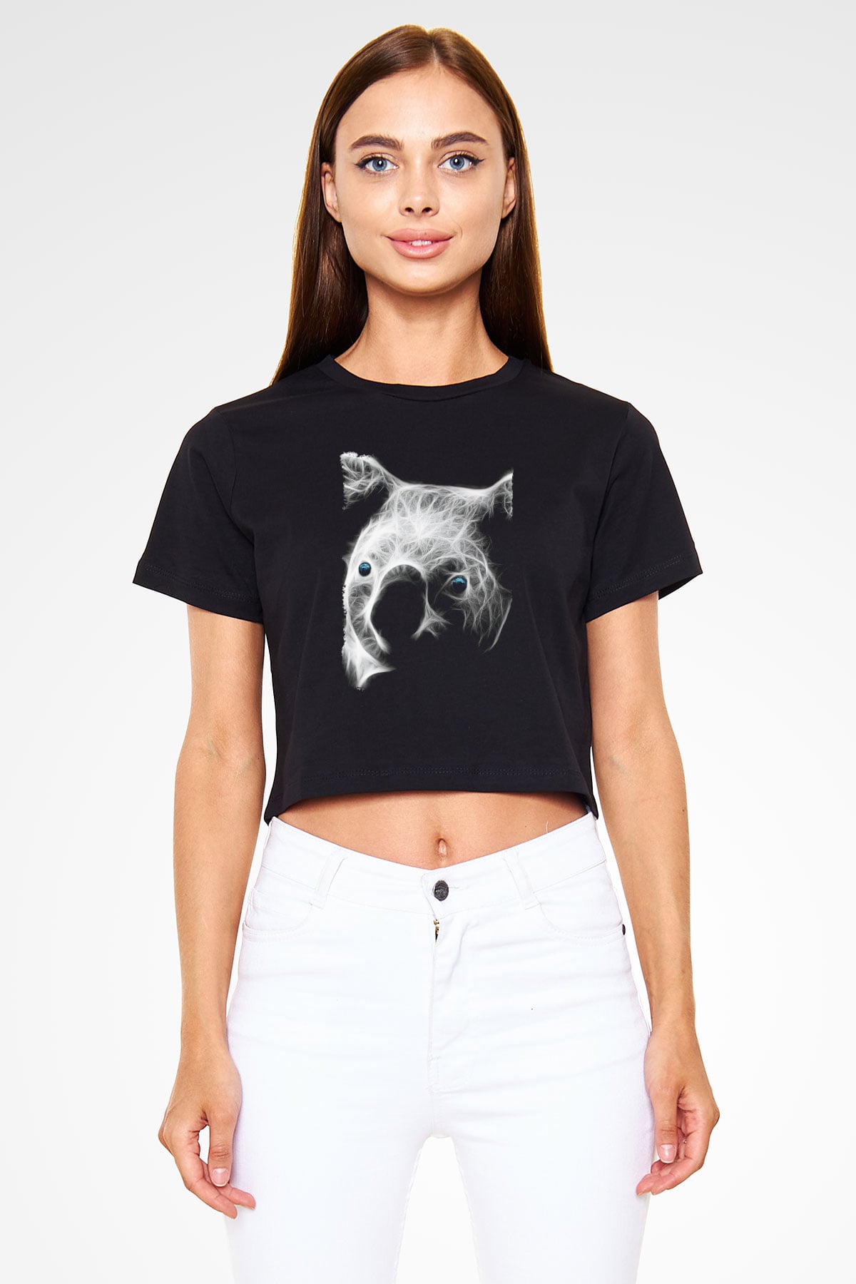 Koala Baskılı Siyah Crop Top Kadın Tişört - Tshirt