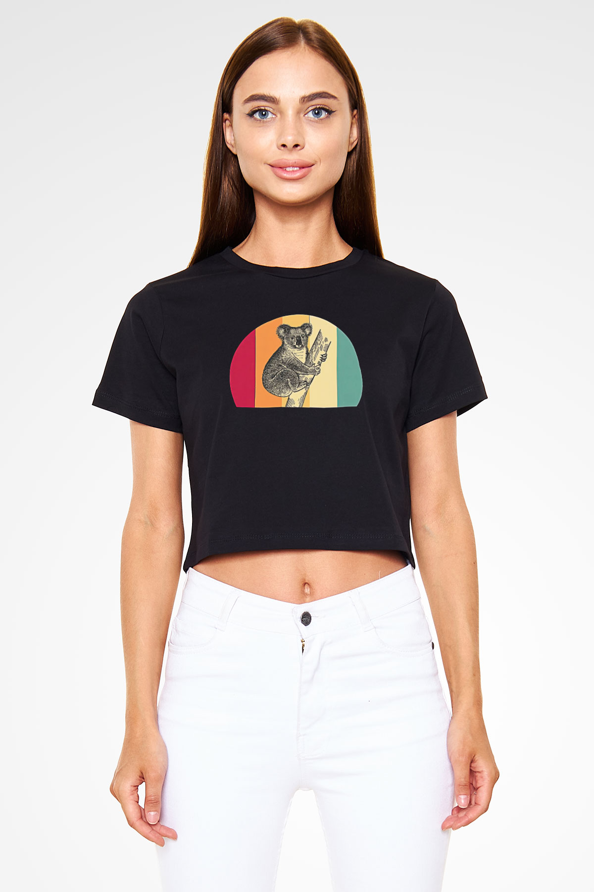 Koala Baskılı Siyah Crop Top Kadın Tişört - Tshirt