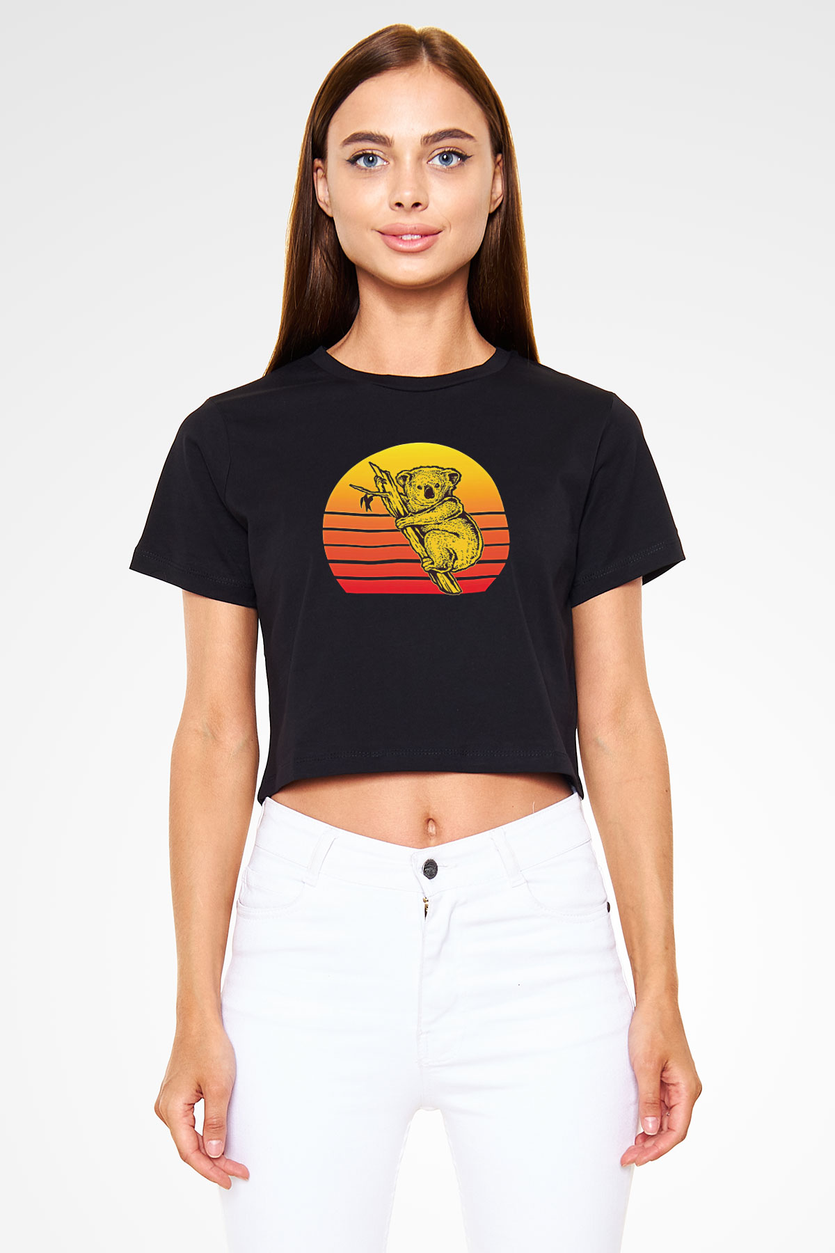 Koala Baskılı Siyah Crop Top Kadın Tişört - Tshirt
