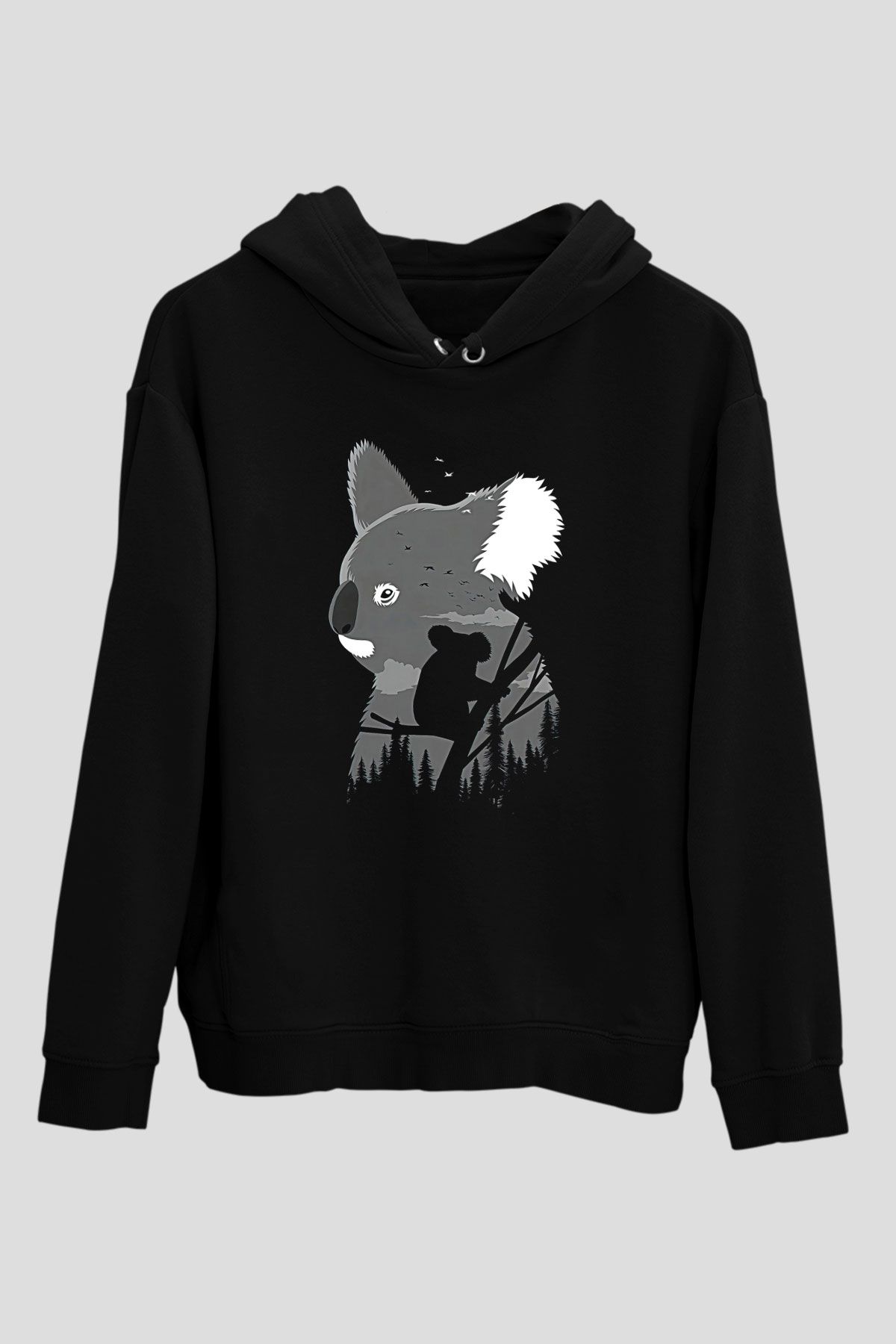 Koala Baskılı Unisex Siyah Hoodie