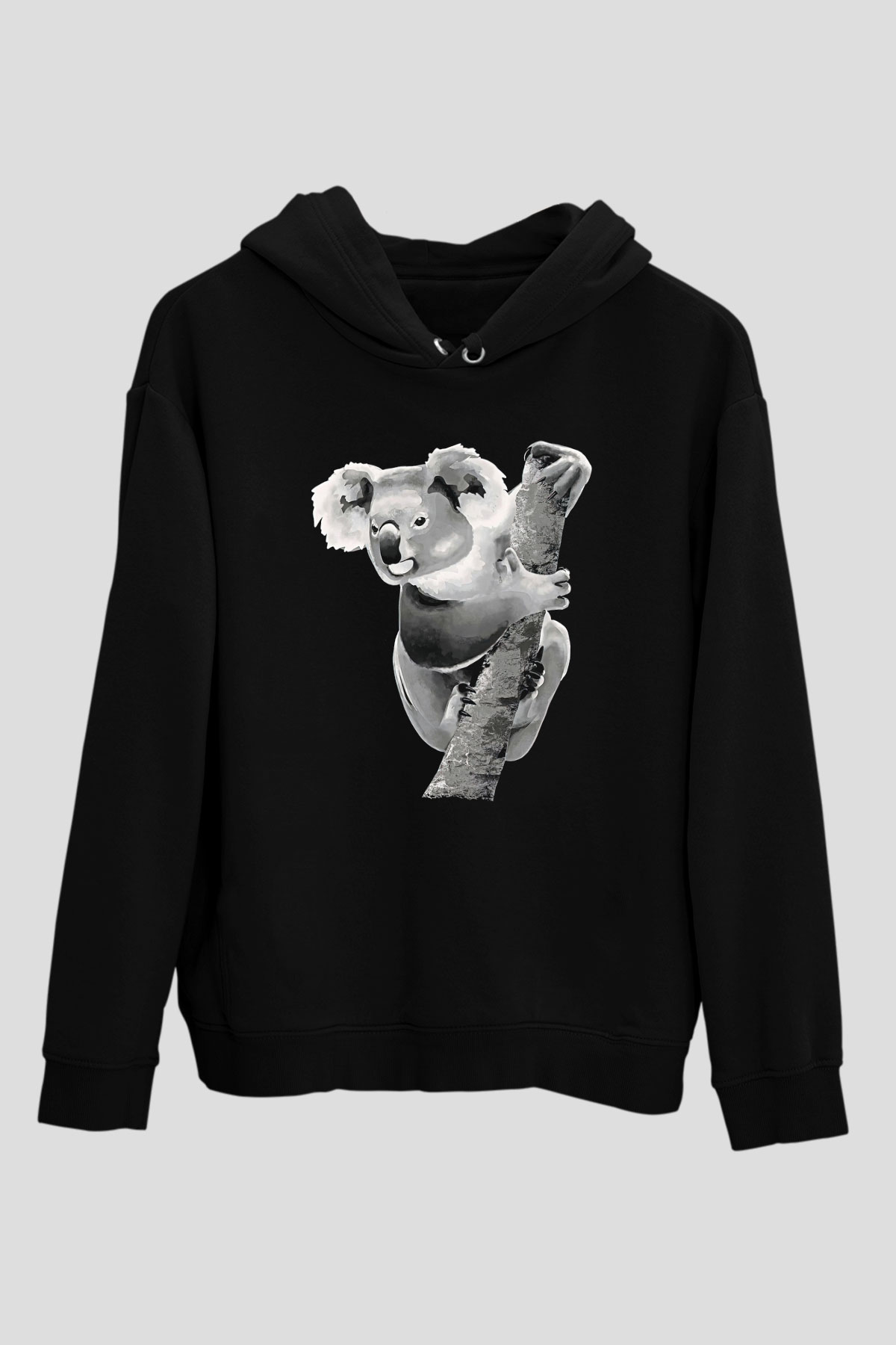 Koala Baskılı Unisex Siyah Hoodie