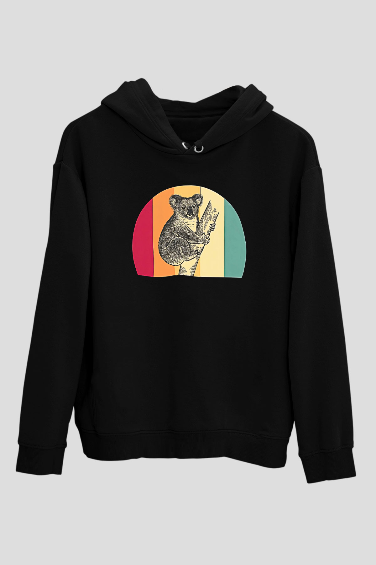 Koala Baskılı Unisex Siyah Hoodie