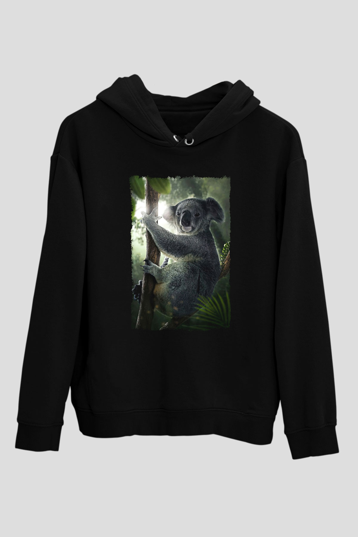Koala Baskılı Unisex Siyah Hoodie