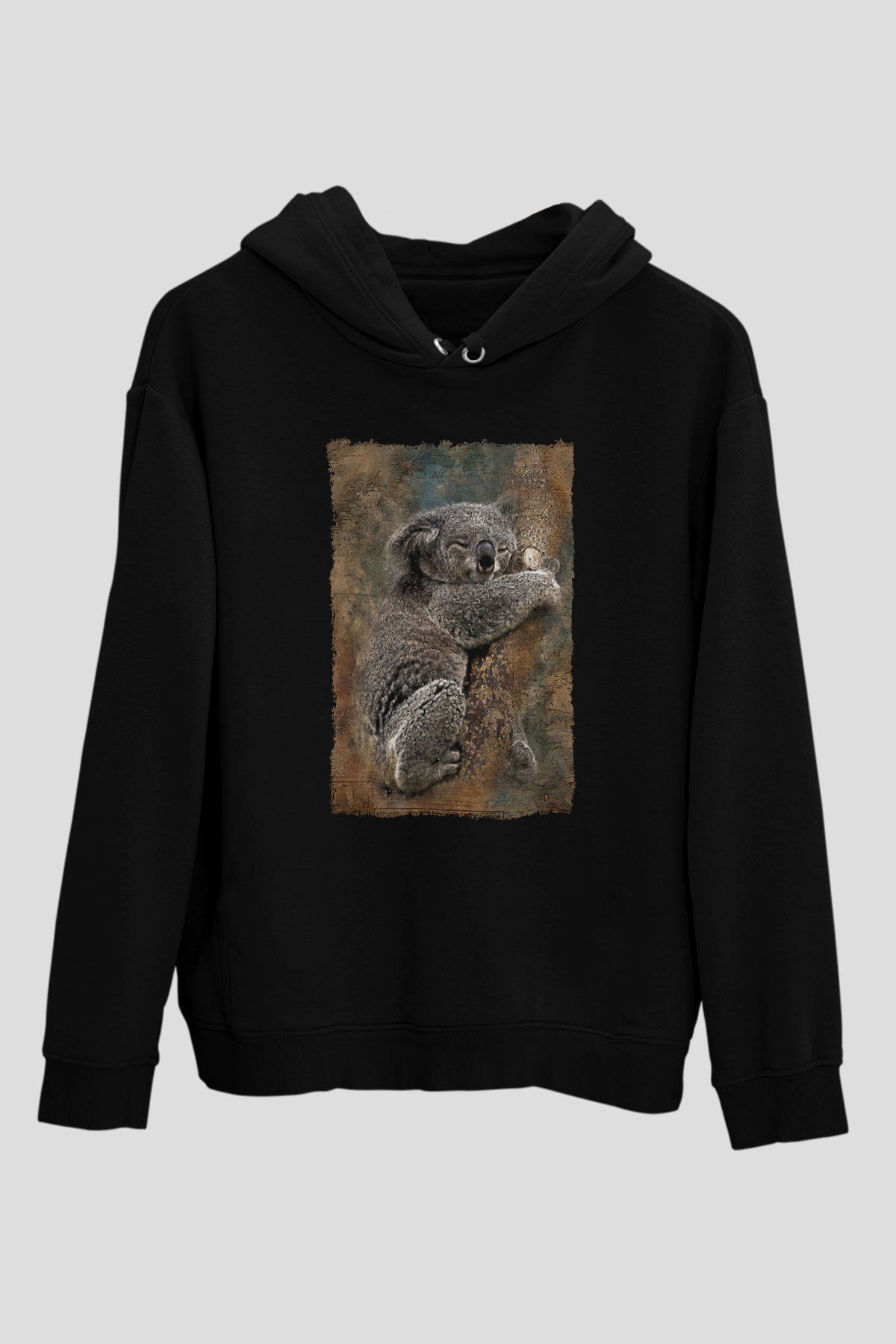 Koala Baskılı Unisex Siyah Hoodie
