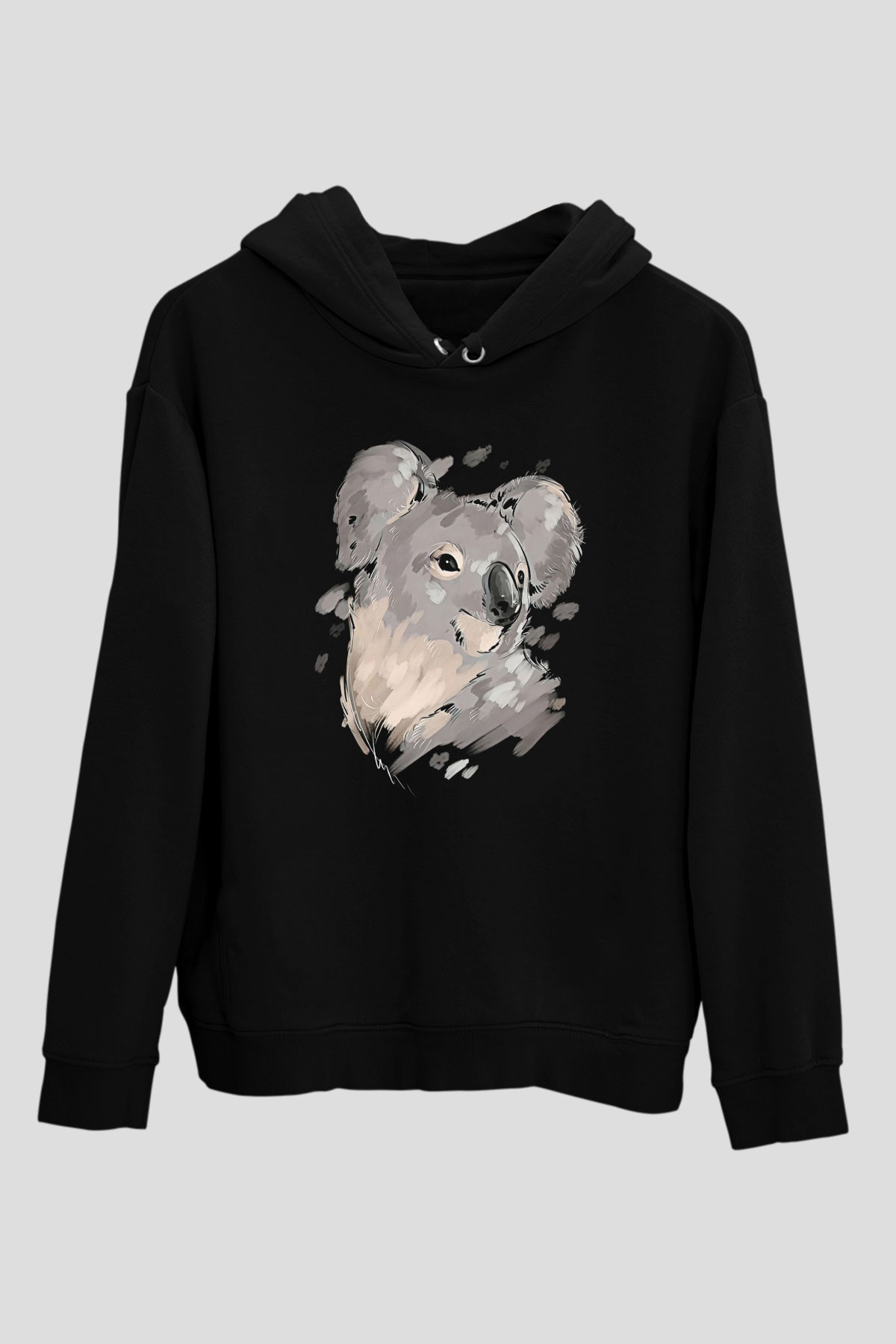 Koala Baskılı Unisex Siyah Hoodie