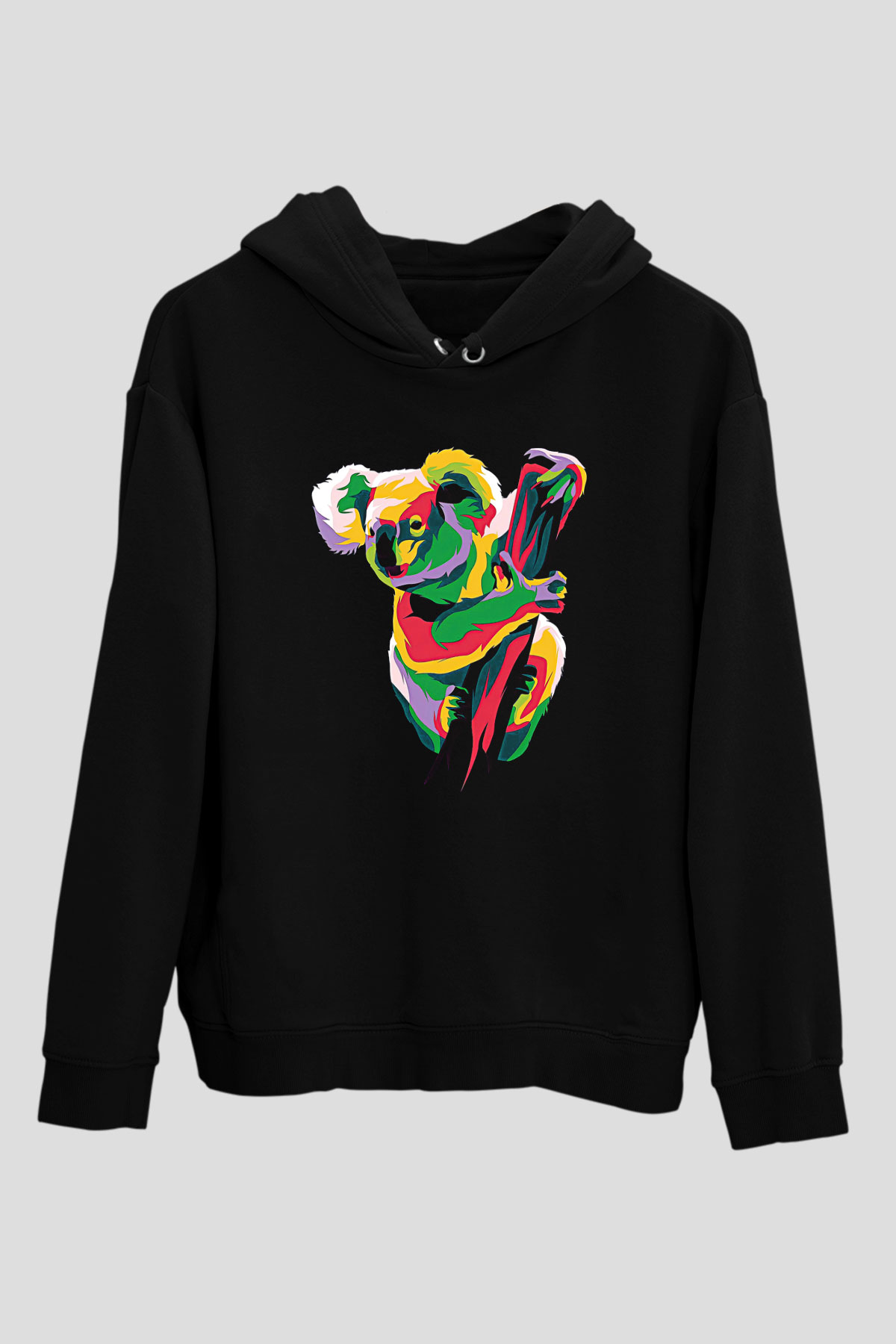 Koala Baskılı Unisex Siyah Hoodie
