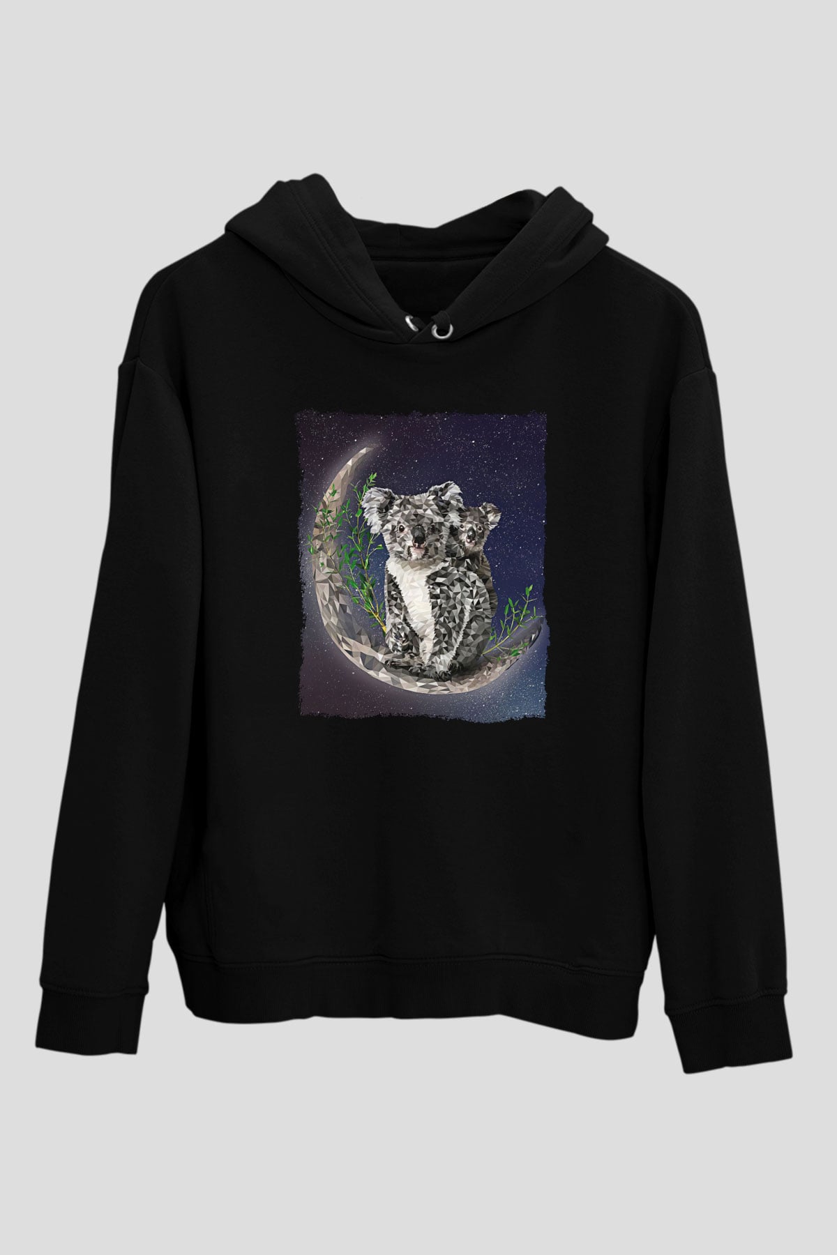 Koala Baskılı Unisex Siyah Hoodie