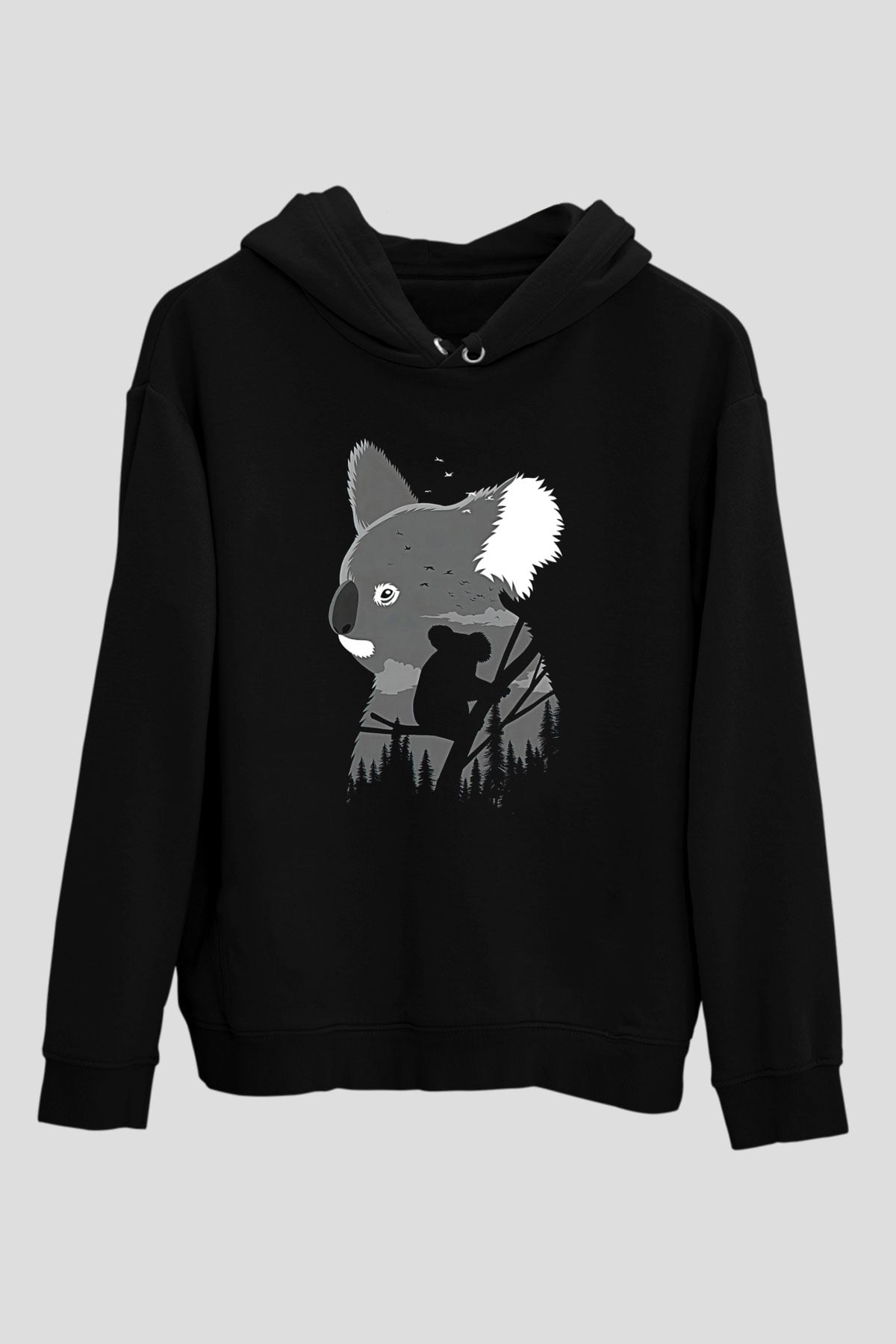 Koala Baskılı Unisex Siyah Hoodie