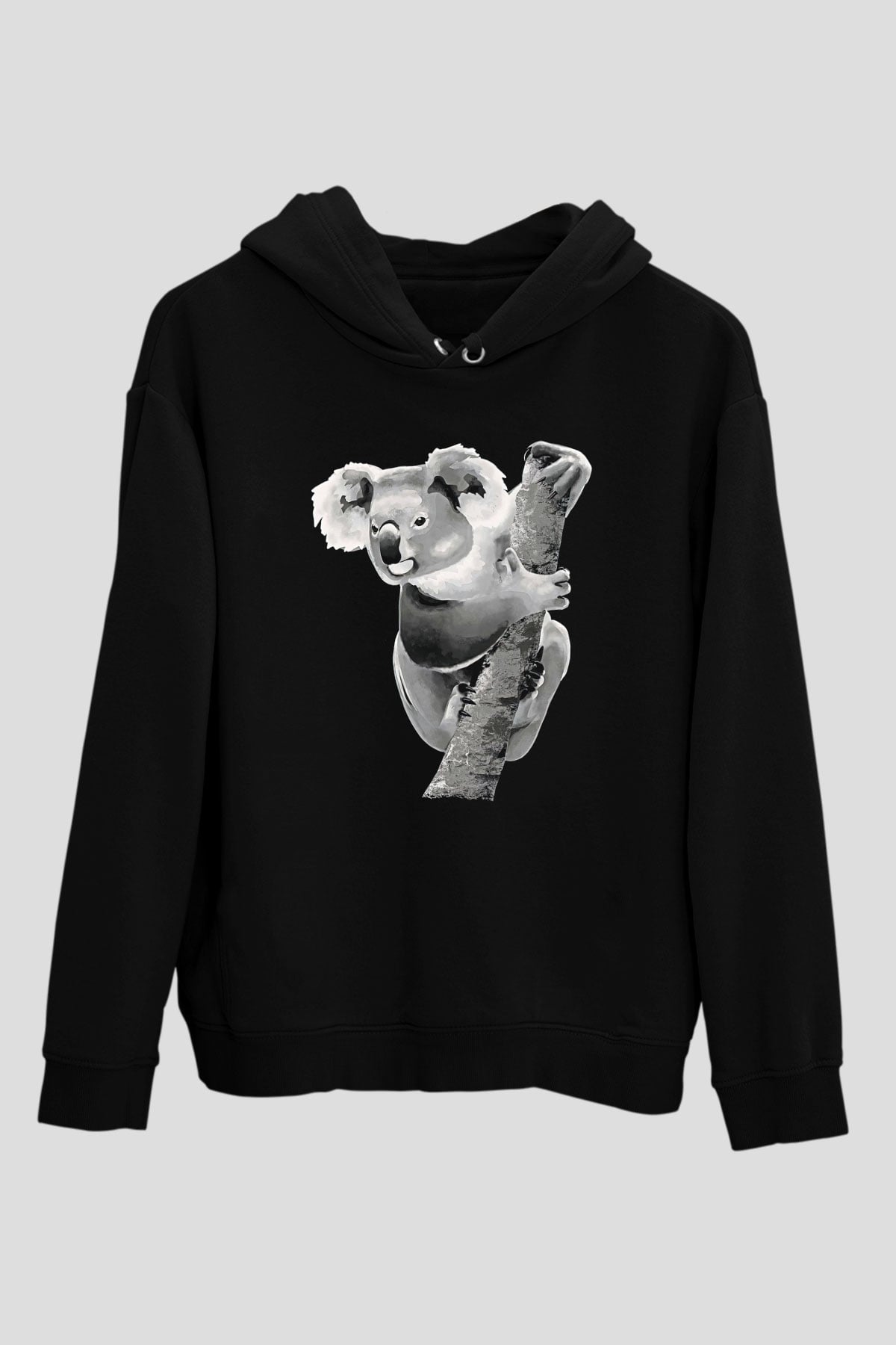 Koala Baskılı Unisex Siyah Hoodie