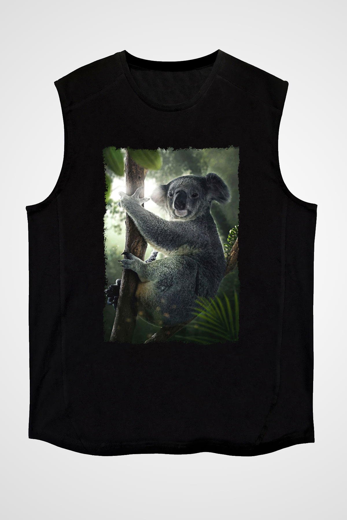 Koala Baskılı Unisex Siyah Kolsuz Tişört - Tshirt