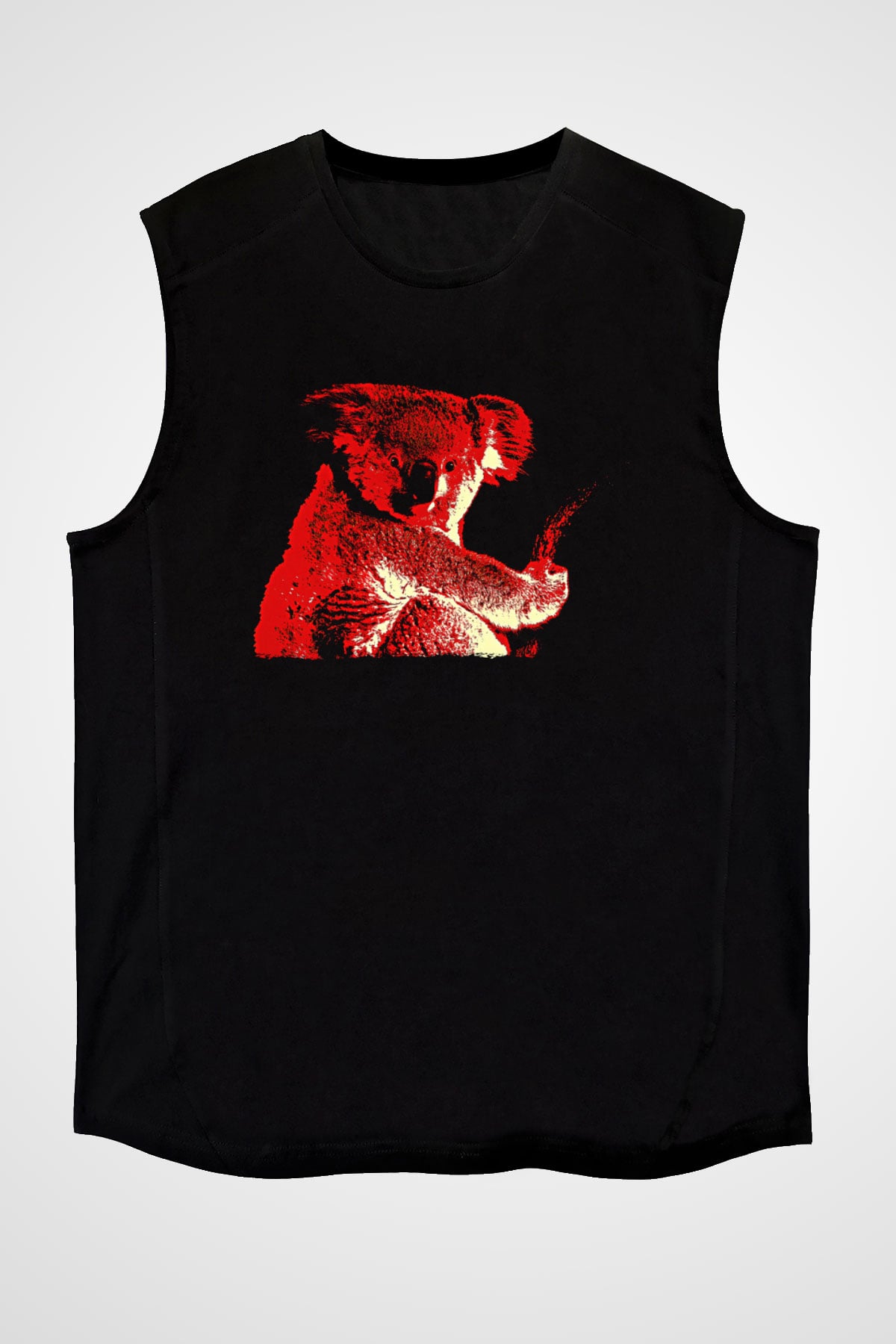 Koala Baskılı Unisex Siyah Kolsuz Tişört - Tshirt