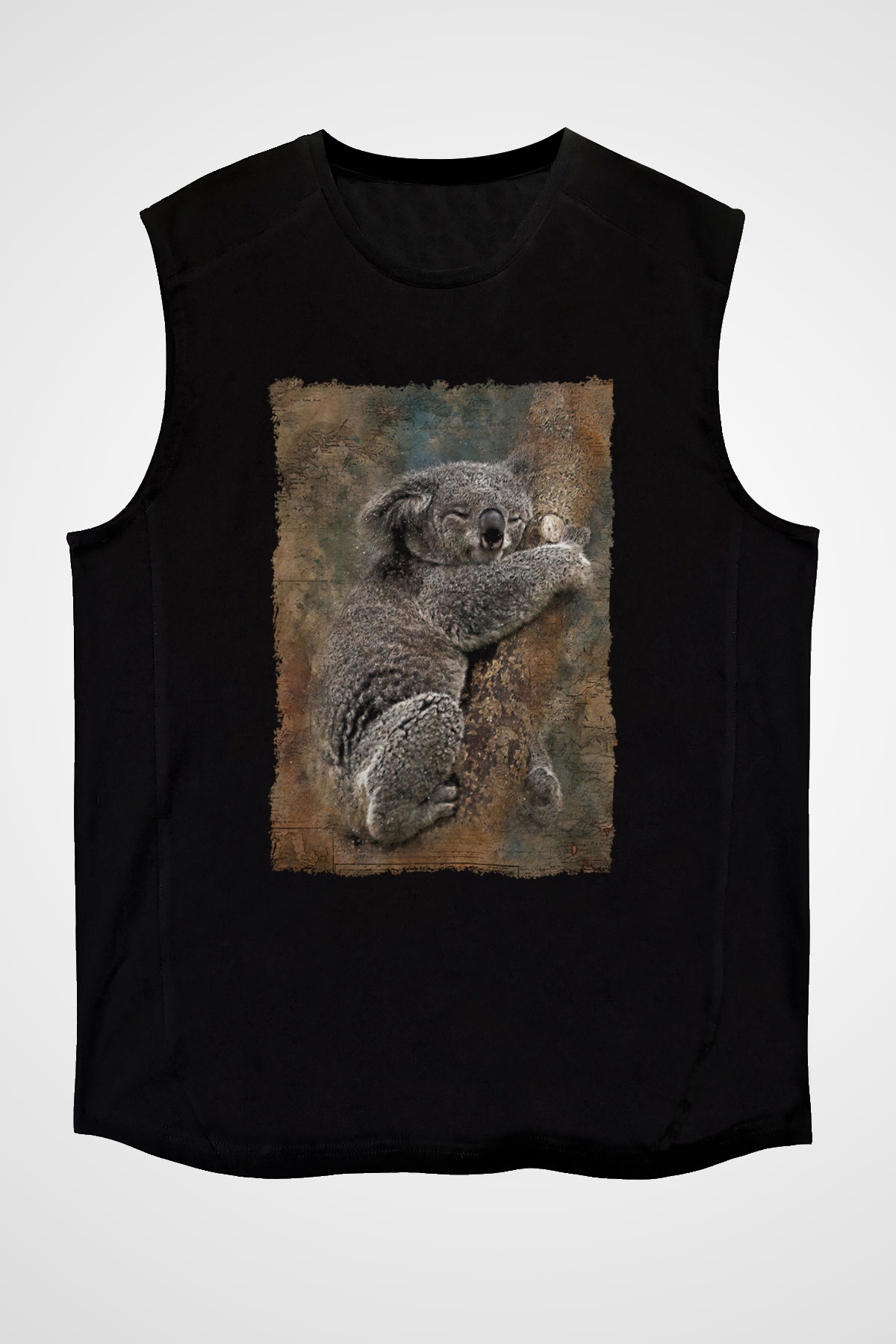 Koala Baskılı Unisex Siyah Kolsuz Tişört - Tshirt