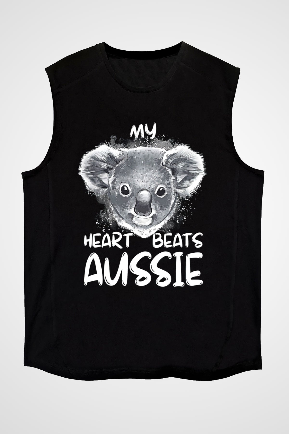 Koala Baskılı Unisex Siyah Kolsuz Tişört - Tshirt