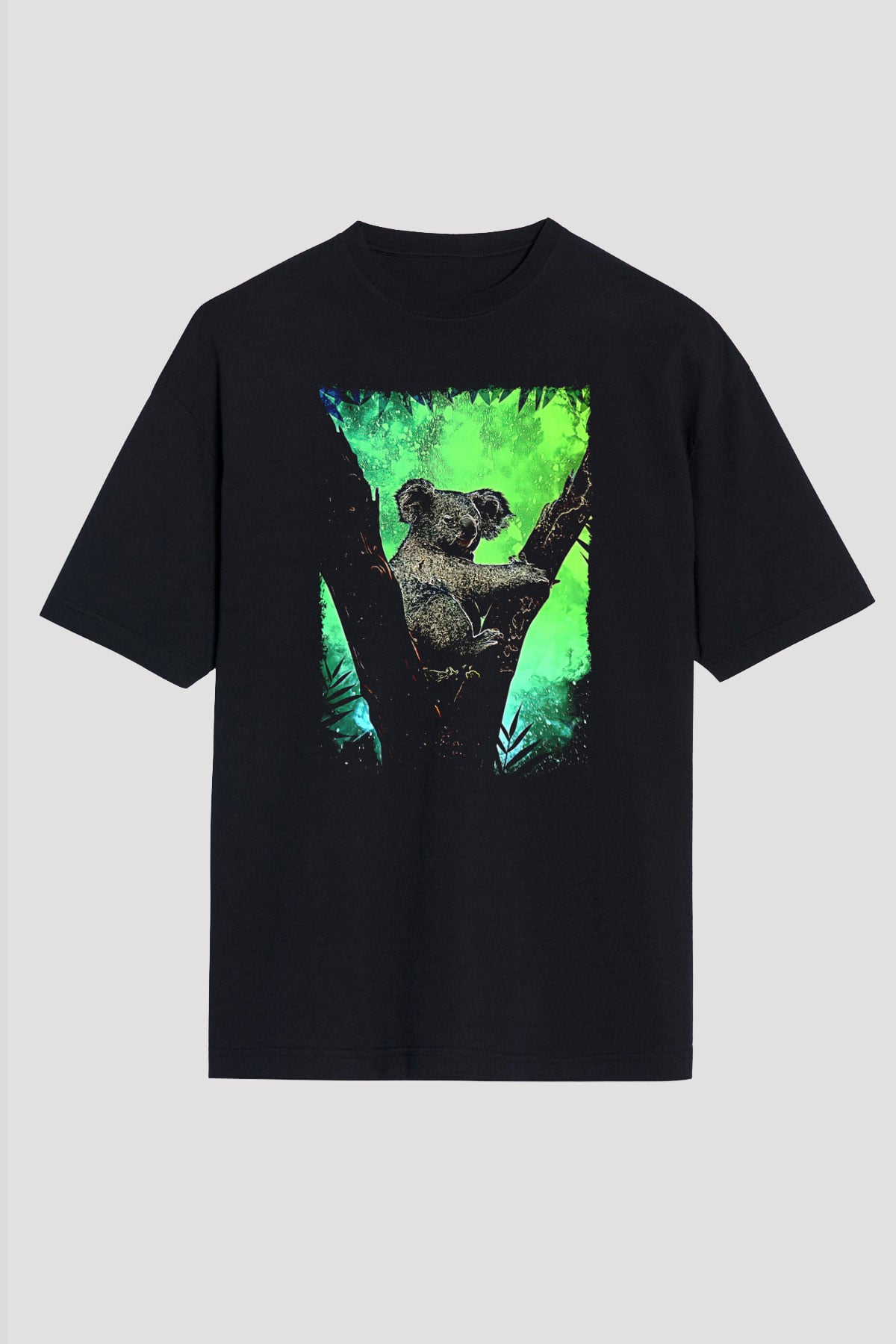 Koala Baskılı Unisex Siyah Oversize Tişört - Tshirt