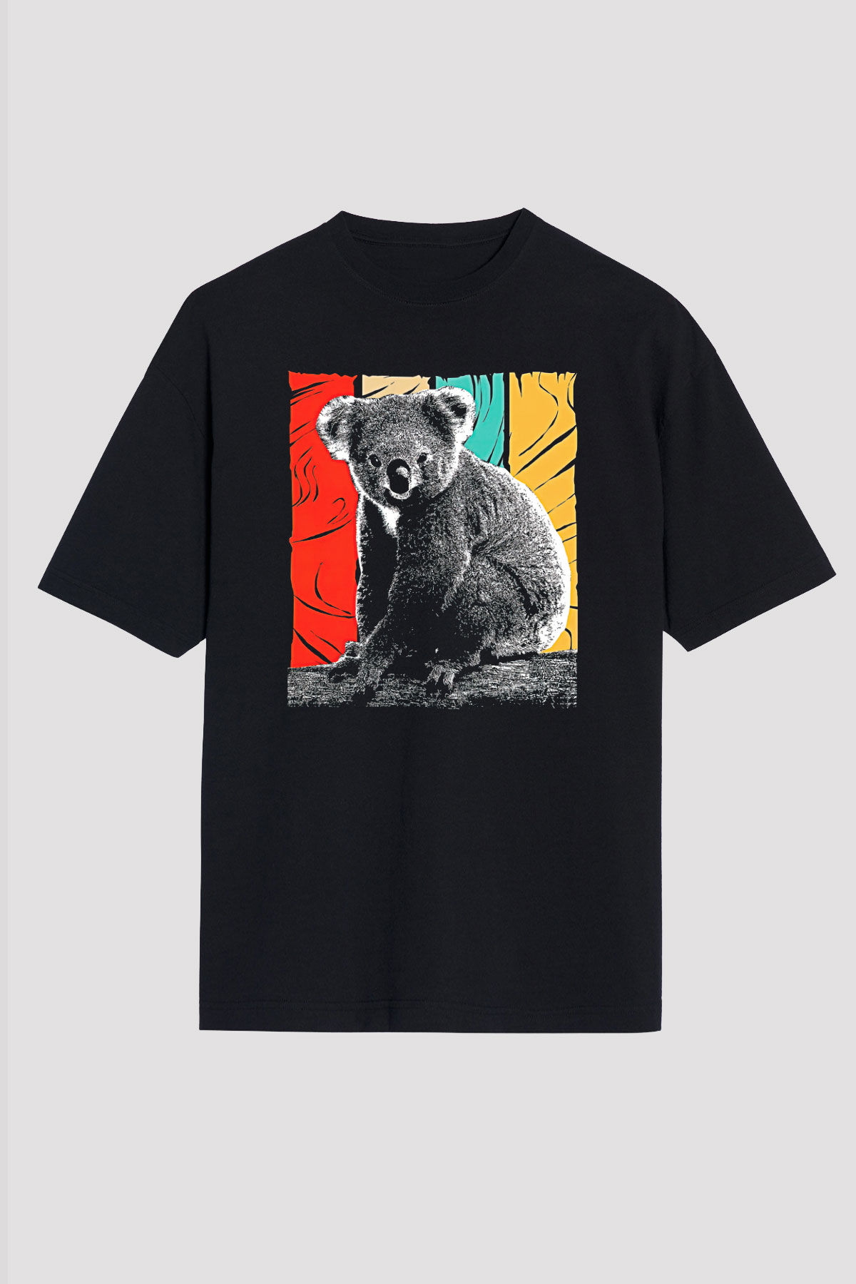 Koala Baskılı Unisex Siyah Oversize Tişört - Tshirt