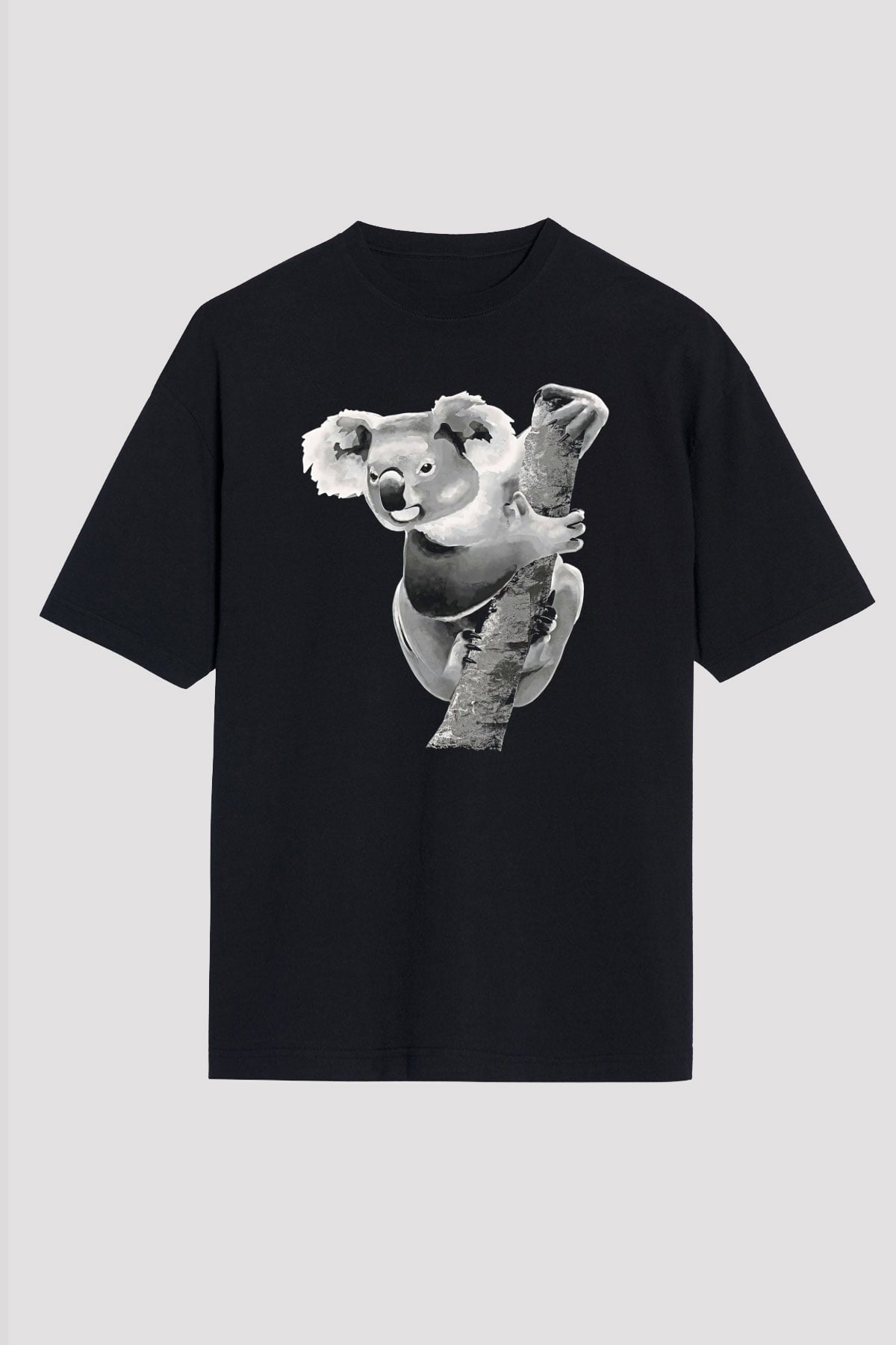 Koala Baskılı Unisex Siyah Oversize Tişört - Tshirt
