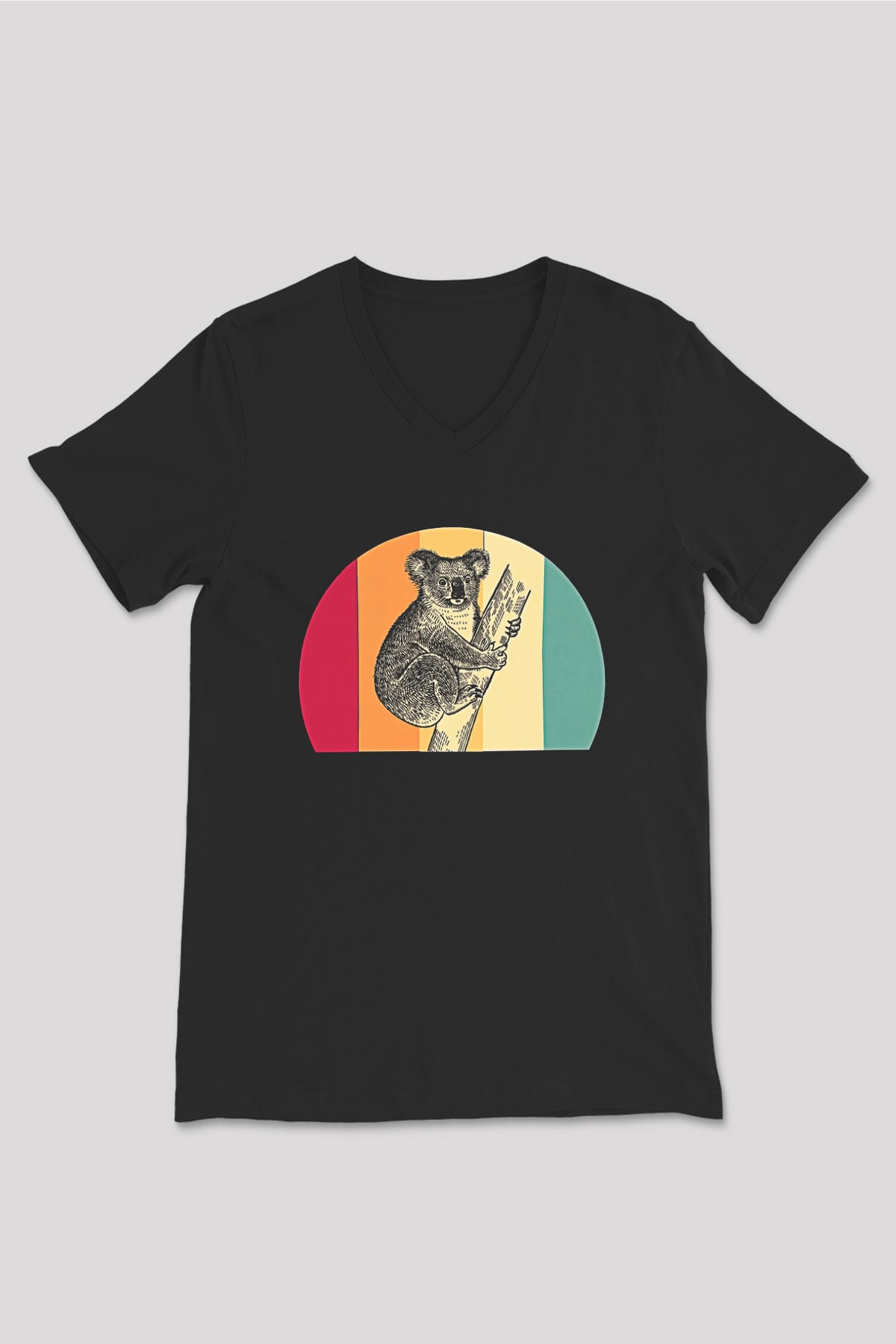 Koala Baskılı Unisex Siyah V Yaka Tişört - Tshirt