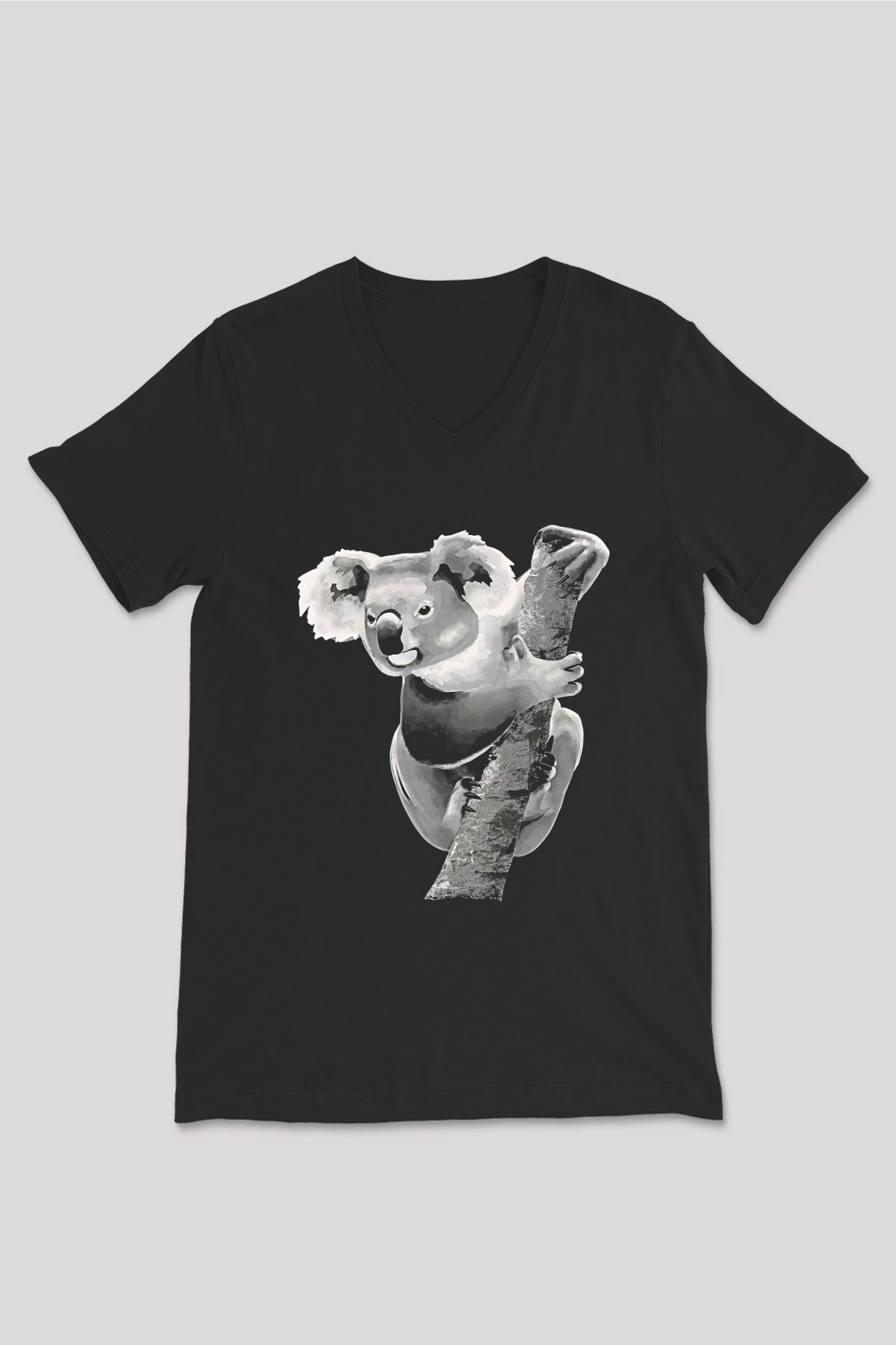 Koala Baskılı Unisex Siyah V Yaka Tişört - Tshirt