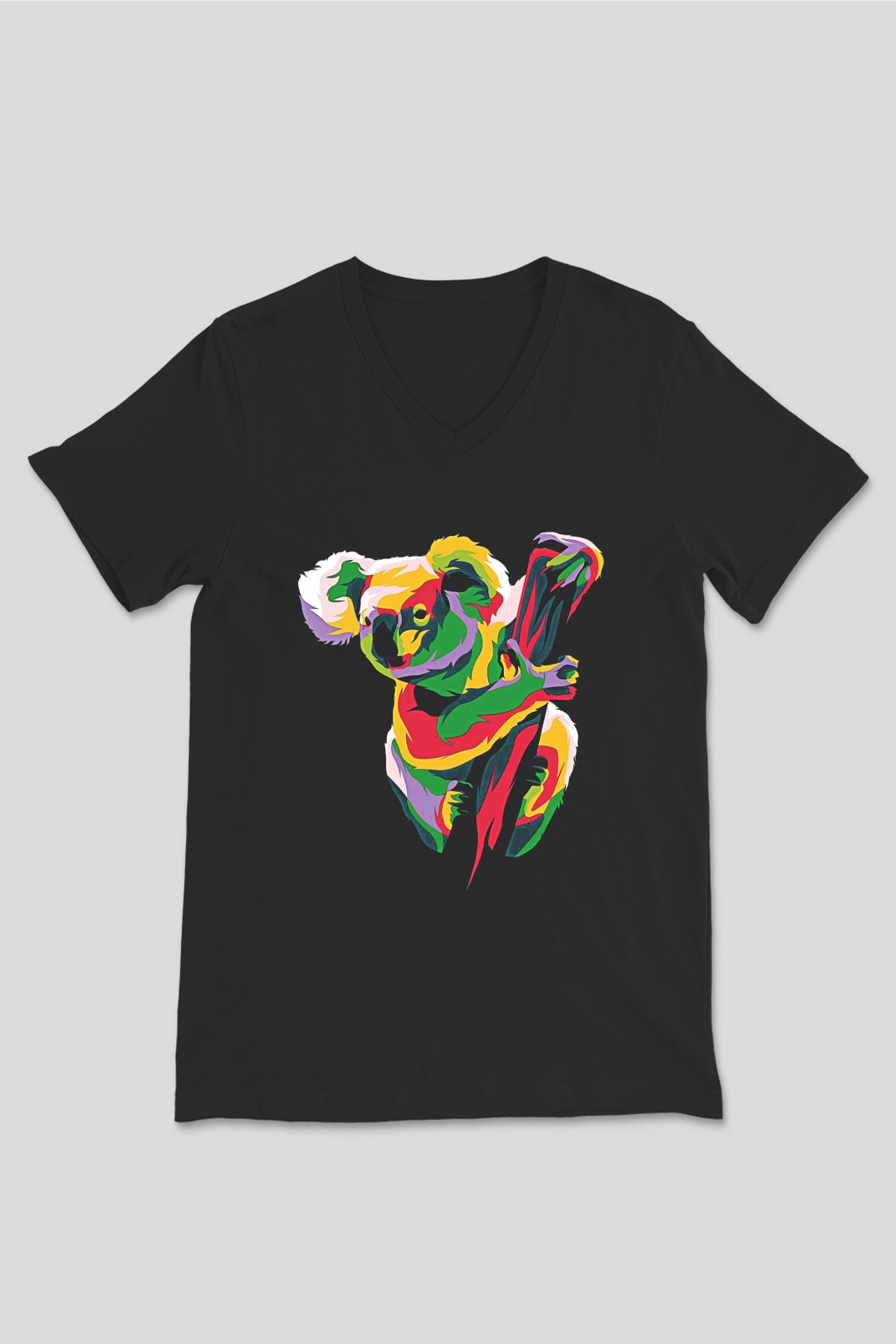 Koala Baskılı Unisex Siyah V Yaka Tişört - Tshirt