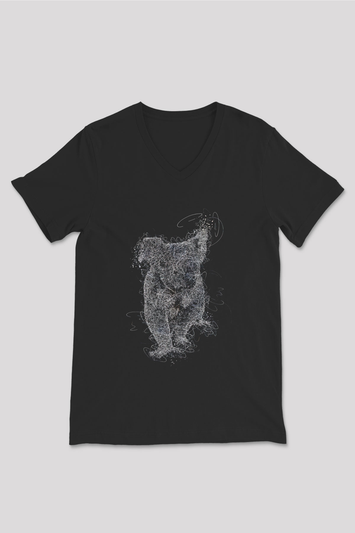 Koala Baskılı Unisex Siyah V Yaka Tişört - Tshirt