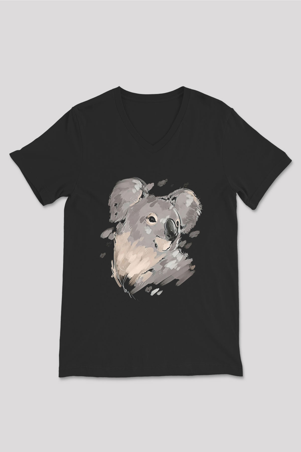 Koala Baskılı Unisex Siyah V Yaka Tişört - Tshirt