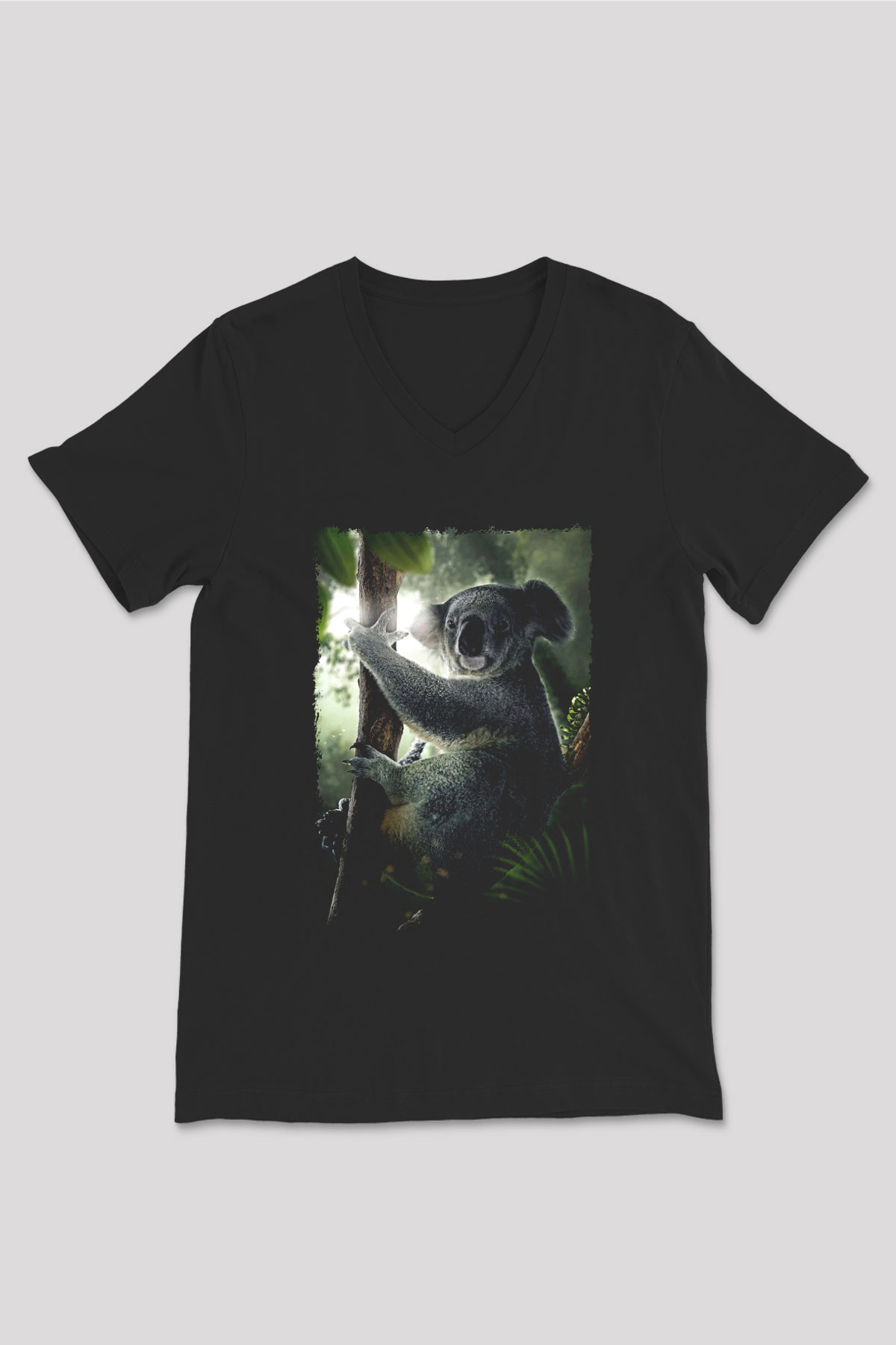 Koala Baskılı Unisex Siyah V Yaka Tişört - Tshirt