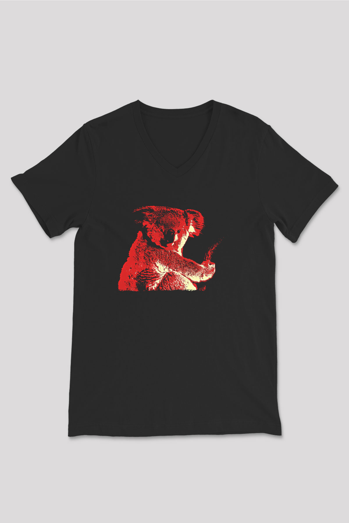 Koala Baskılı Unisex Siyah V Yaka Tişört - Tshirt