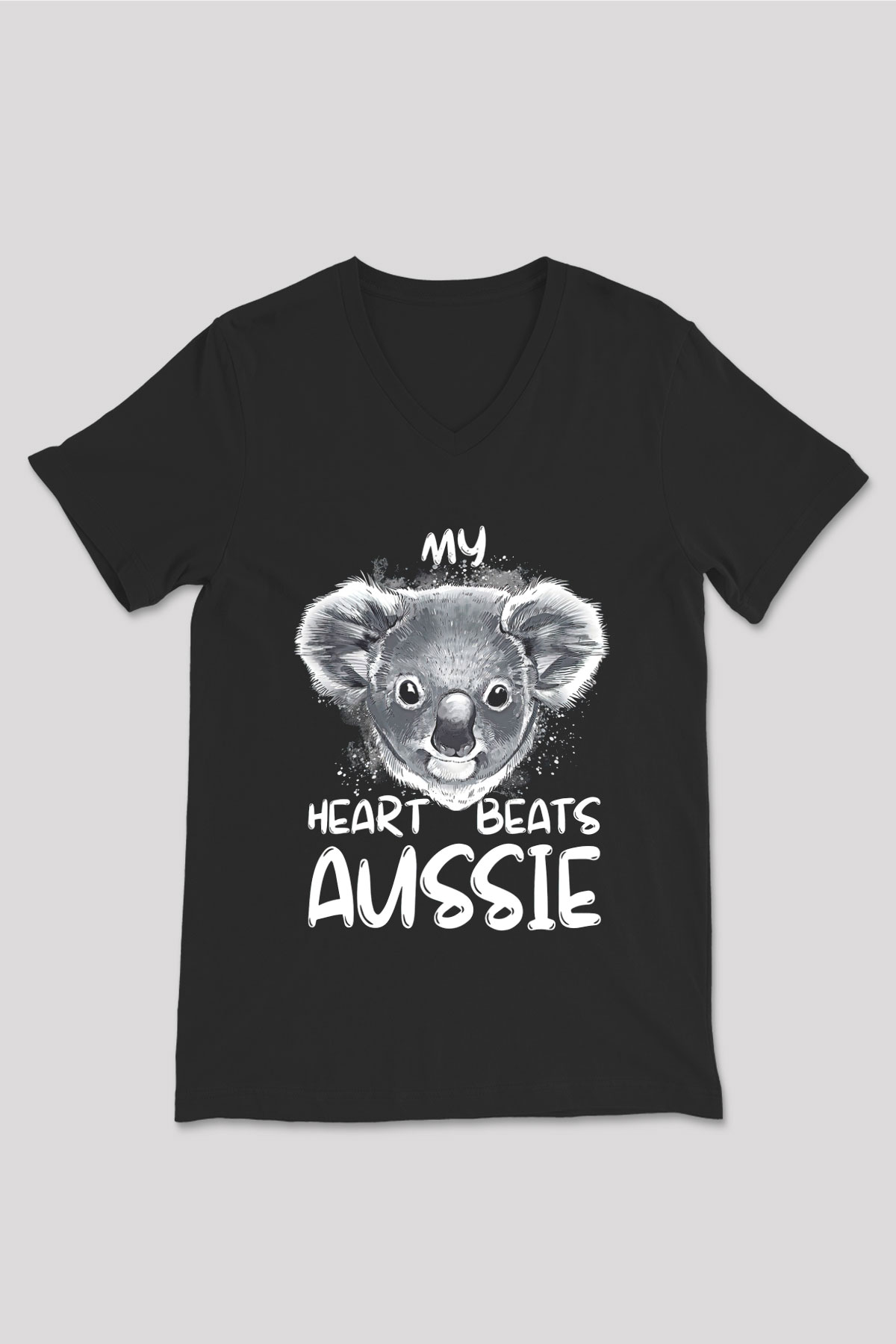 Koala Baskılı Unisex Siyah V Yaka Tişört - Tshirt