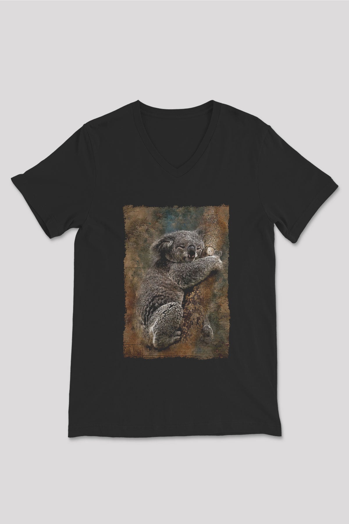 Koala Baskılı Unisex Siyah V Yaka Tişört - Tshirt